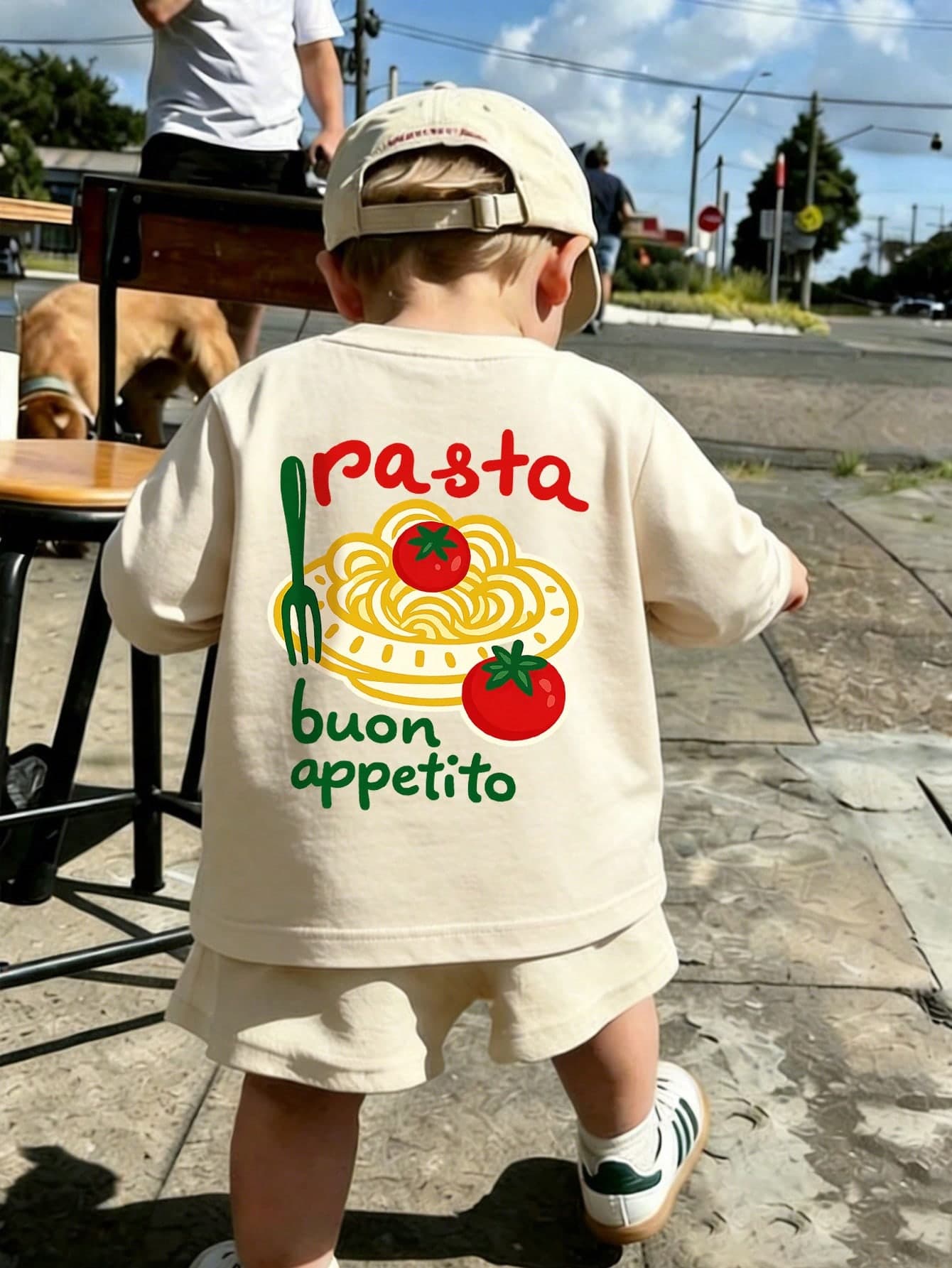 Baby Boy Pasta Pattern Long Sleeve T-Shirt, Cute Tomato Fork Buon Appetito Letter Print Crew Neck Casual Autumn T-Shirt