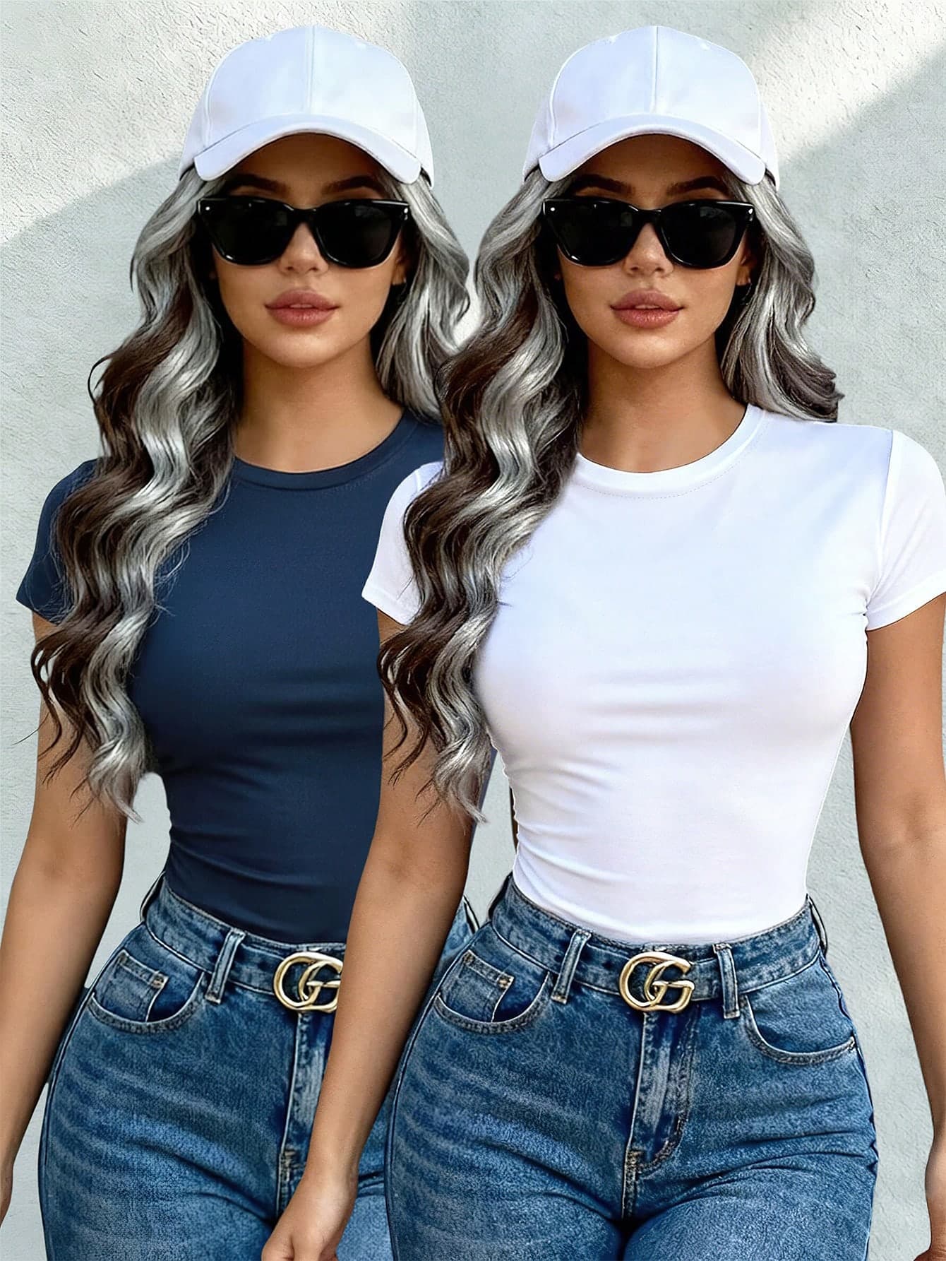 2pcs Women's Round Neck Short Sleeve T-Shirt, Spring/Summer Fashion Solid Color Casual Versatile Slim Fit Cropped Top