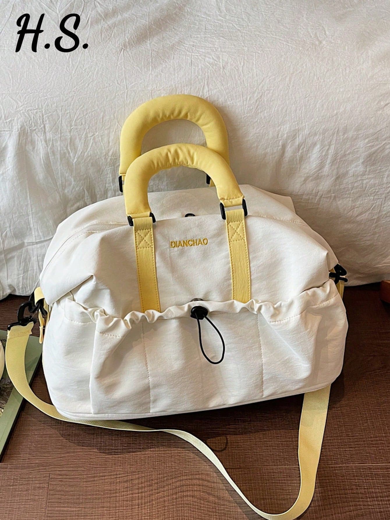 Korean Style Feminine Colorblock Drawstring Pleated Cloud Large Capacity Lightweight Waterproof Durable Nylon Commuter Bag Versatile Unisex Casual Student School Bag Fitness Yoga Bag Short Trip Travel Bag