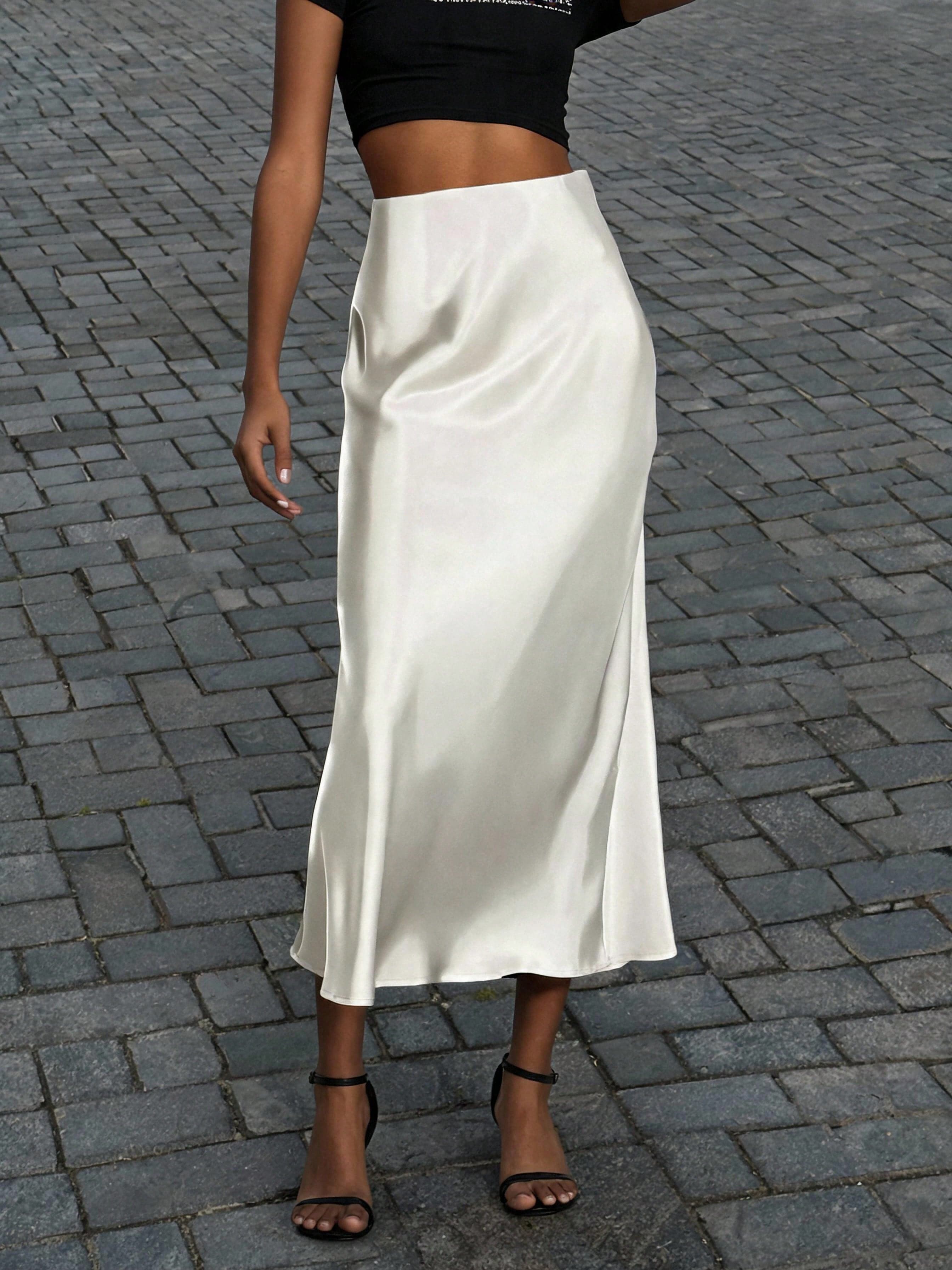 Women's Fashion All-Season Satin-Faced Elastic Waist Maxi Skirt Spring White