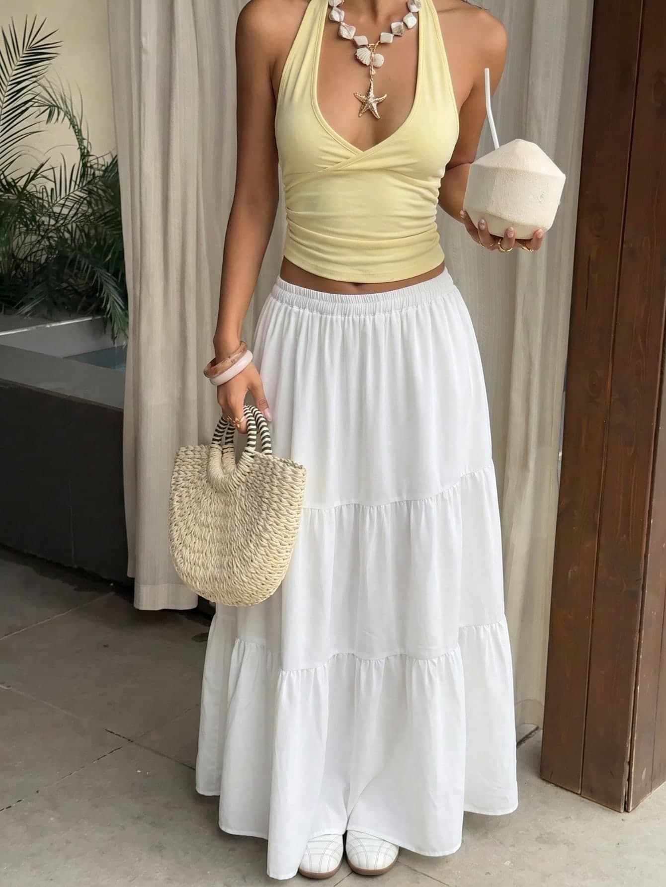 Elastic High Waist Patchwork Tiered Long Skirt, Casual Draped A-Line White Skirt, Summer Skirt