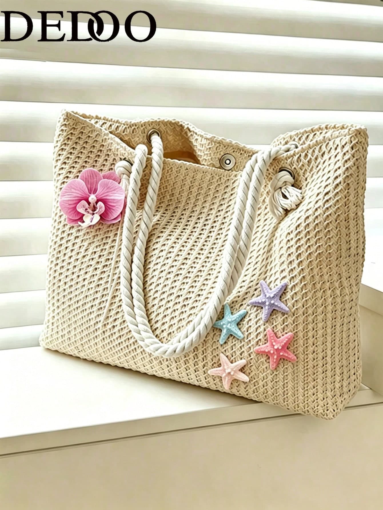 Dedoo Woven Large Capacity Tote Bag, Lightweight Shopping Shoulder Bag, Summer Women's Vacation Travel Bag, Backpack (Random Pendant Hook Buckle)