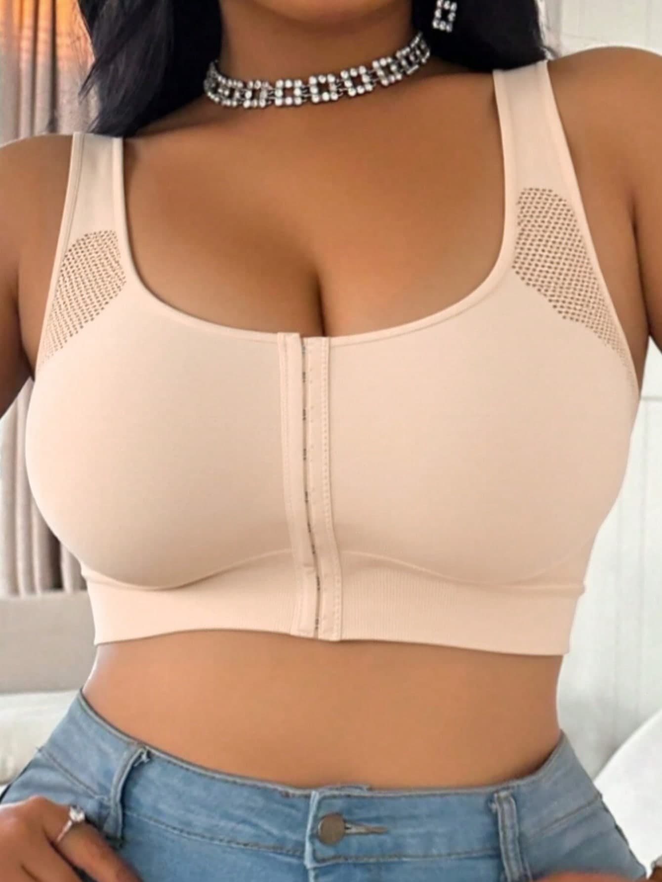 Curve Plus Size Medium Support Wireless Bra, Front Closure Mesh Racerback Seamless Bralette With Built-In Pads, Daily Underwear