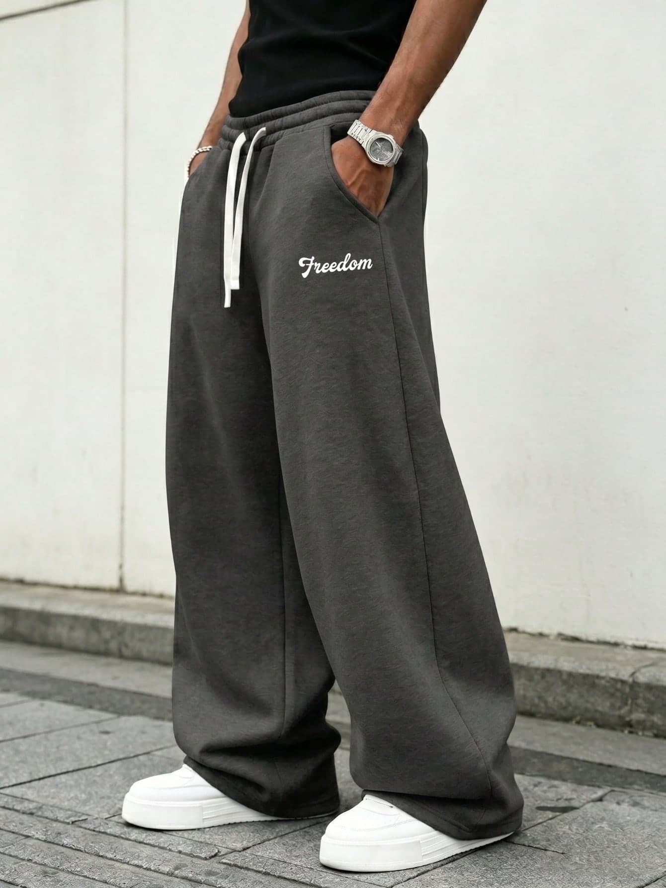 Men's Casual Pants, Elastic Solid Color Trousers, Loose Fit, Printed Pattern With Pockets, Elastic Waistband With Drawstring, Adjustable Waist For Comfort And Style, Suitable For Streetwear And Outdoor Activities