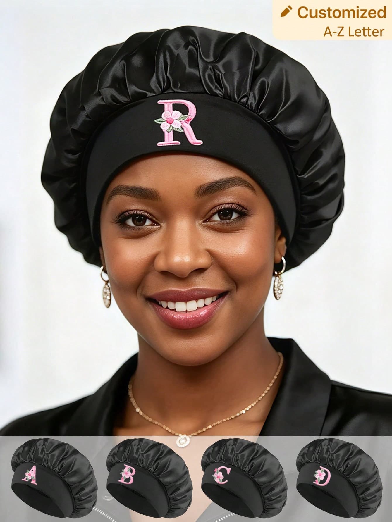 1pc Black Satin Sleep Cap, A-Z Letter Print Sleep Cap, Customizable, Loose Elastic Satin Sleep Cap, Suitable For Hair Care, Travel, Hair Products, Hair Tools, Hair Accessories, Hairstylists And Hair Supplies