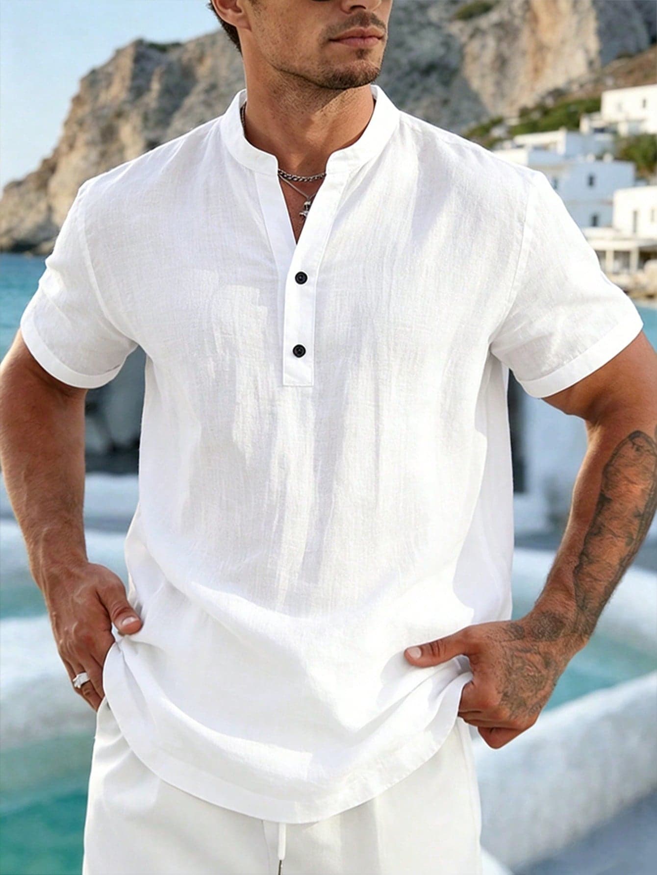 1pc Men's White Linen Henley Shirt, Breathable Stand Collar Short Sleeve Summer Beach Casual Shirt, Versatile Men's Shirt, Suitable For Daily Outdoor Wear