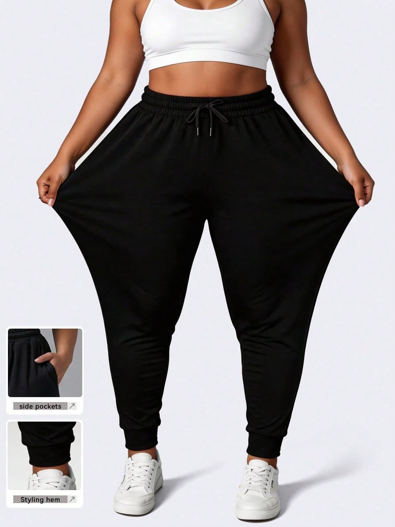 Plus Size Women's Casual Sweatpants With Pockets And Drawstring, Loose Fit, Black Color, Sporty Style Sports