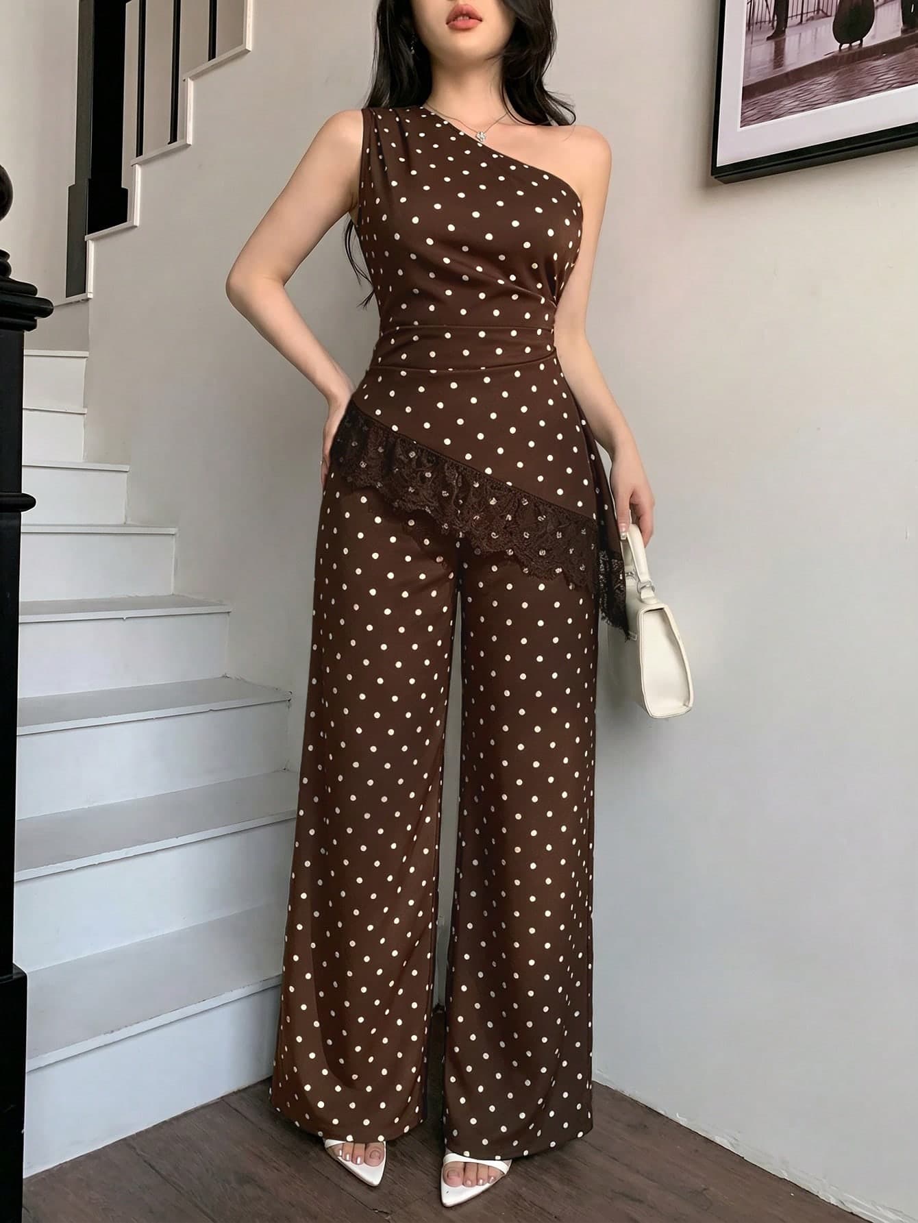 abyoxi Women's Pea Green Sleeveless Ruched Waist Lace Patchwork Asymmetric Hem Top With Wide Leg Pants 2-Piece Set, Sexy & Elegant, Suitable For Work Commute