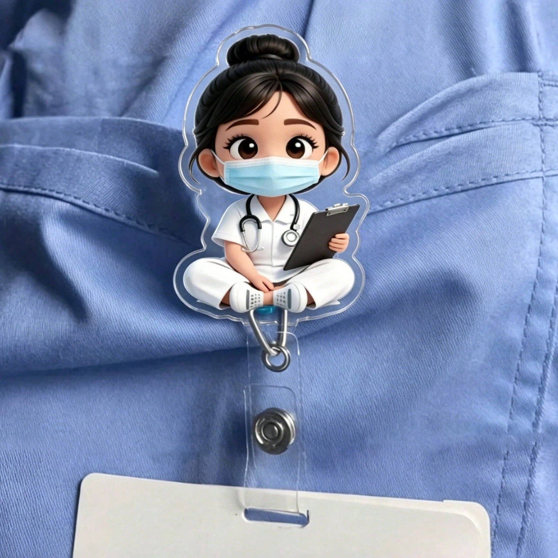 2D Flat Acrylic Nurse Girl ID Card Holder - Retractable Badge Clip, Suitable For Medical Students And Nurses