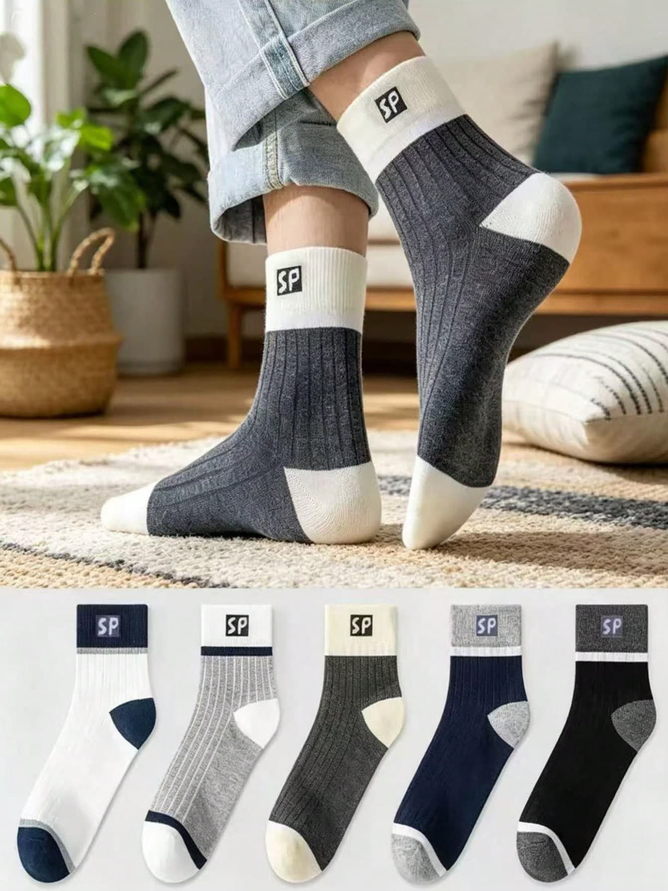 5 Pairs SP Brand Men's Mid-Calf Socks, Odor-Resistant Moisture-Wicking Sports Socks, Versatile Socks For All Seasons