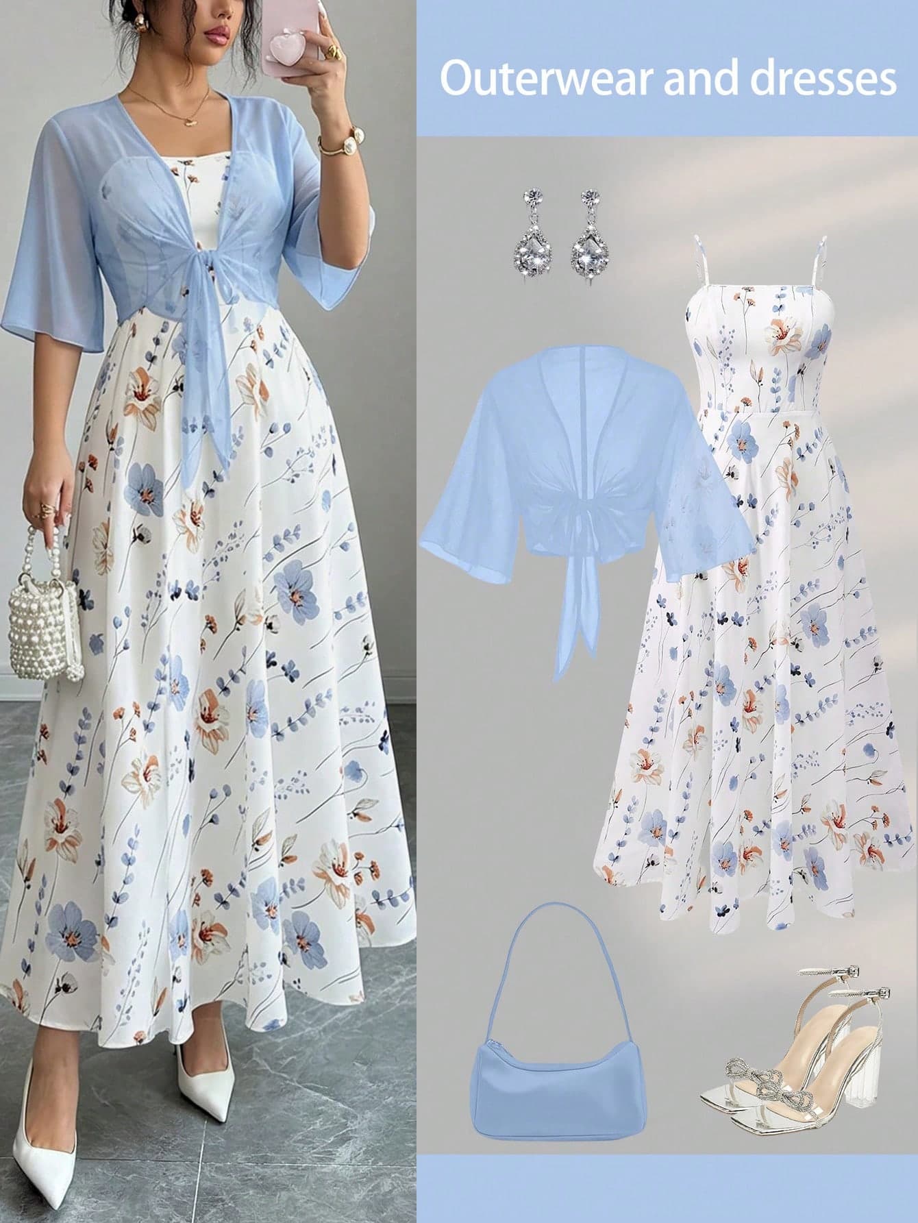 Women's Elegant Sunflower Print Chiffon Dress & Jacket Two Pieces Set, Graceful Beach Holiday Outfit Spring