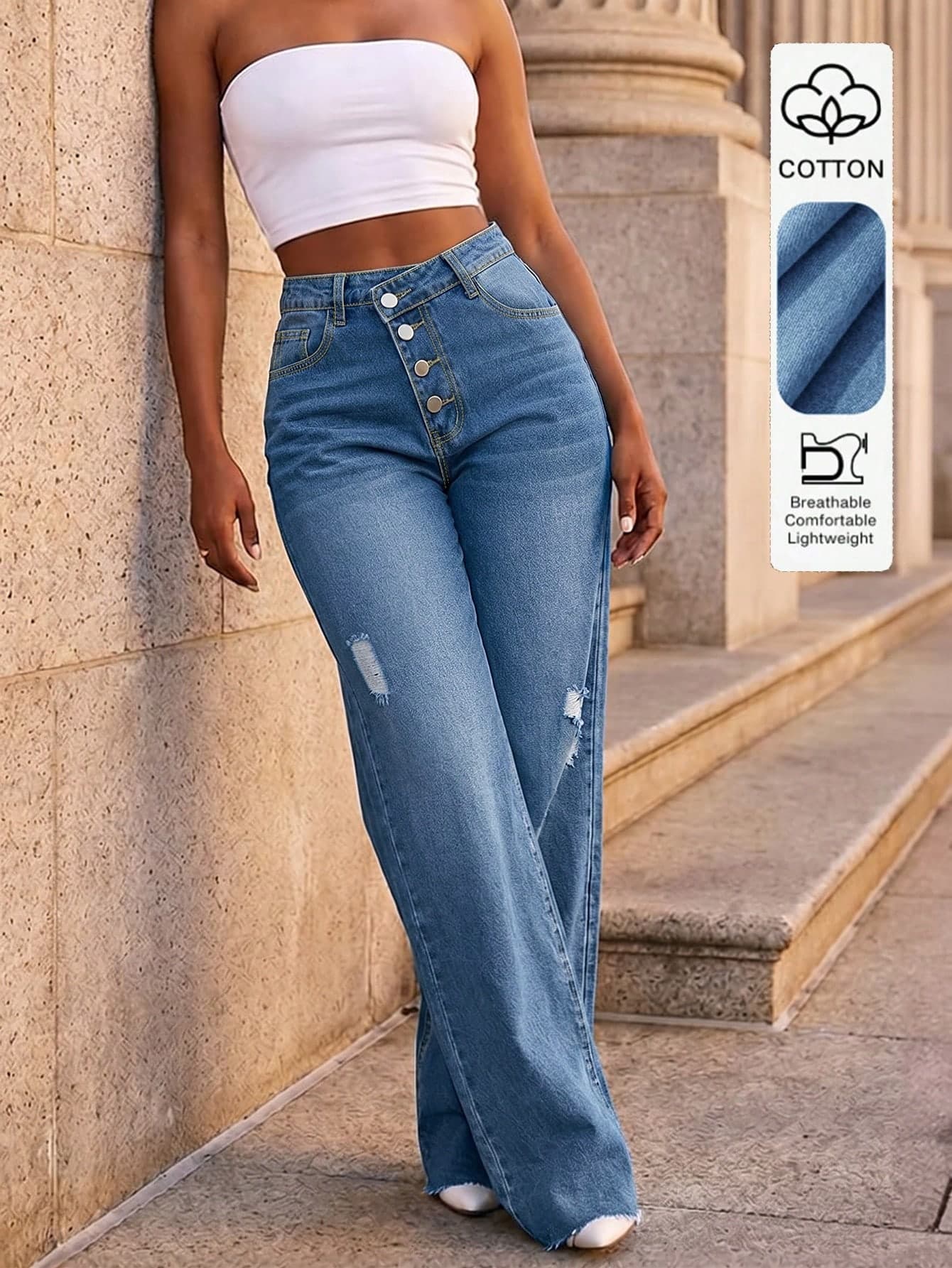 Elastic Washed Solid Color Multi-Pocket Button Decor Women's Denim Jeans