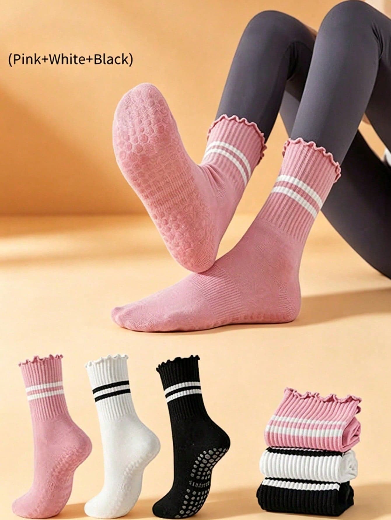 1/3 Pairs Women's Striped Yoga Socks, With Cuff, Non-Slip Mid-Calf Socks, Suitable For Pilates, Fitness, Workout