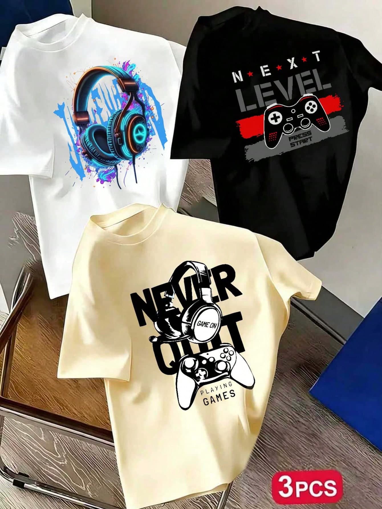3pc-Teen Boy Popular Graphic Print Crew Neck Short Sleeve T-Shirt, Suitable For Boys Daily Wear, Campus Outfit, Street Style, Fashion Boys Summer Top