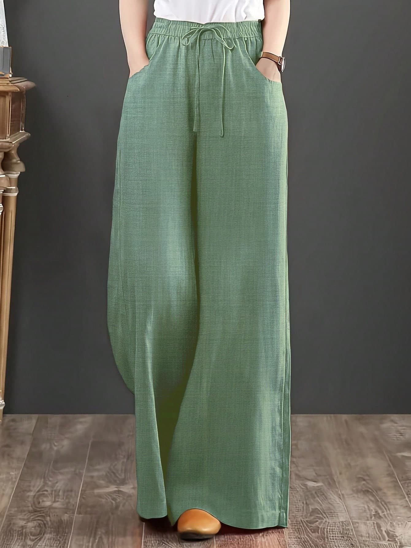 Women's Loose Fit Denim Effect Wide Leg Pants, Casual Long Trousers With Drawstring Pockets, Creating Comfortable Everyday Look