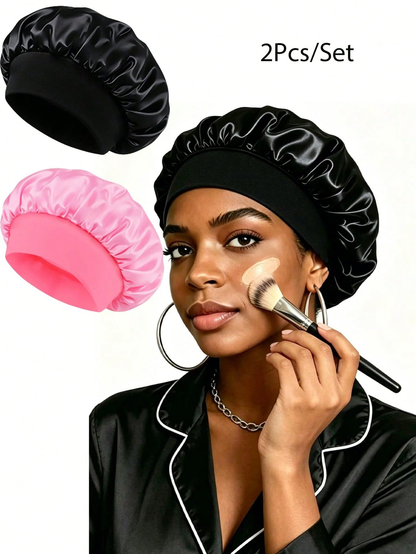2pcs/Set Women's Multi-Color Silk Satin Wide Brim Sleep Cap, Hair Bonnet, Suitable For Daily Use Sleep Cap, Beach, Travel Fashion Satin Cap