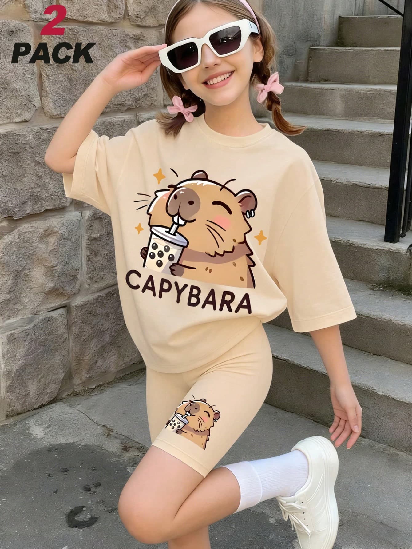 2pcs/Set Girls Casual Outfit, Cute Capybara Drinking Boba Print Loose T-Shirt, Paired With Capybara Accent Cycling Shorts, Suitable For Daily Casual Summer Wear