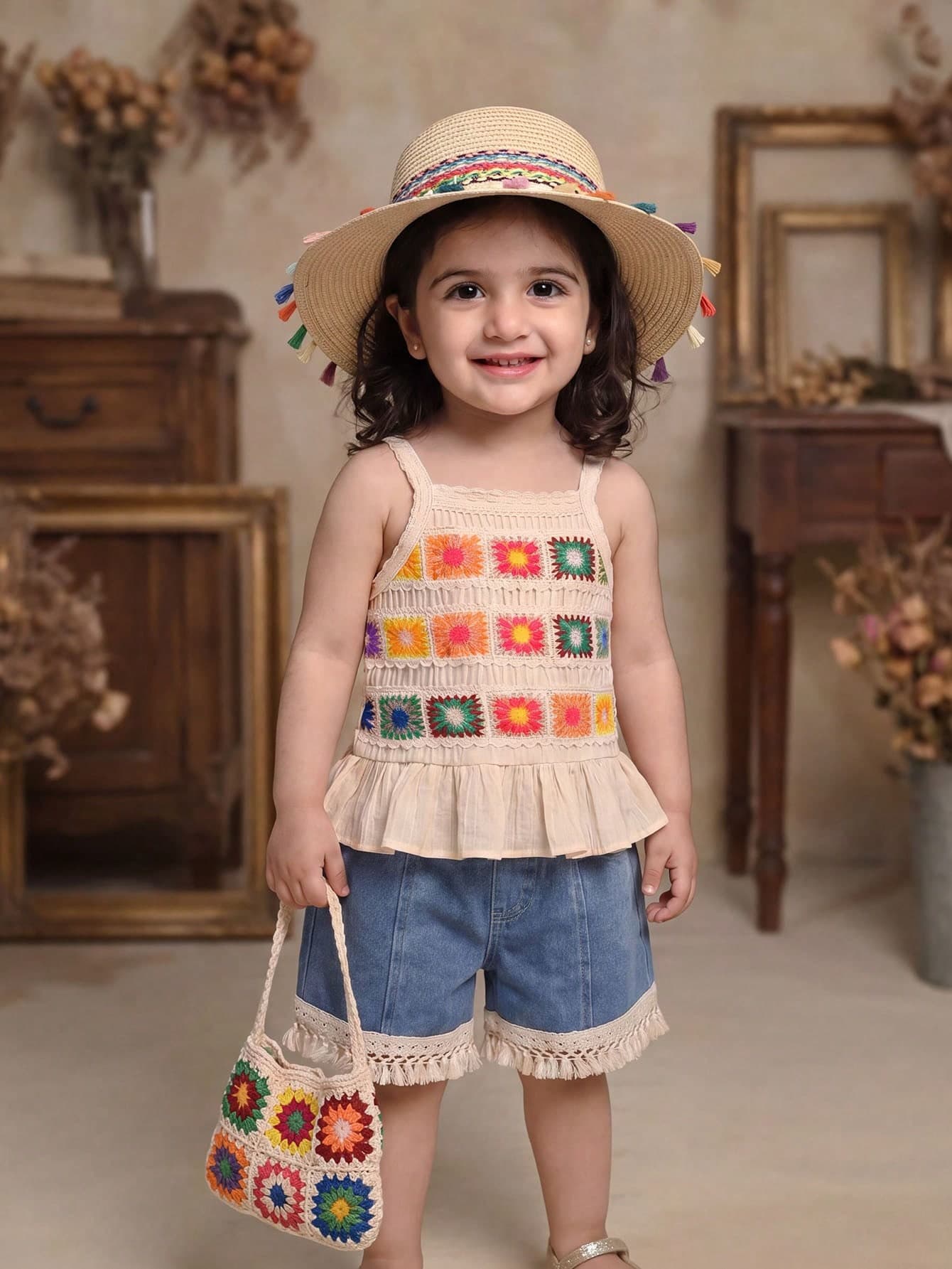 2pcs/Set Boho Style Crochet Trim Camisole Top And Fringed Denim Shorts Set