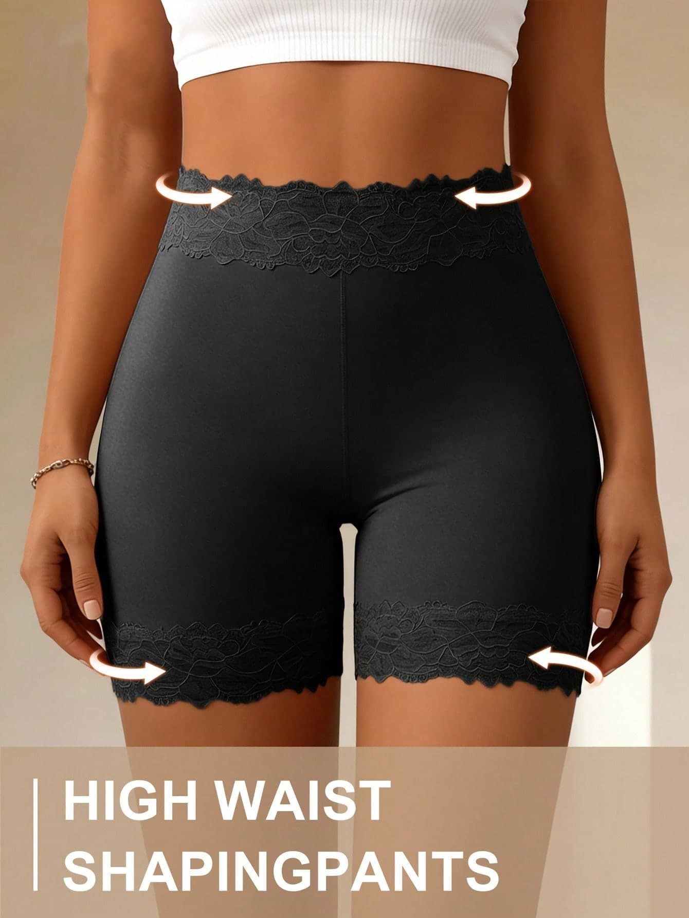 Women's Lace-Waist, Anti-Roll Hem Shaping Shorts-Comfortable, Seamless Yoga And Fitness Boxers; Suitable For Everyday Wear As Modesty Shorts.