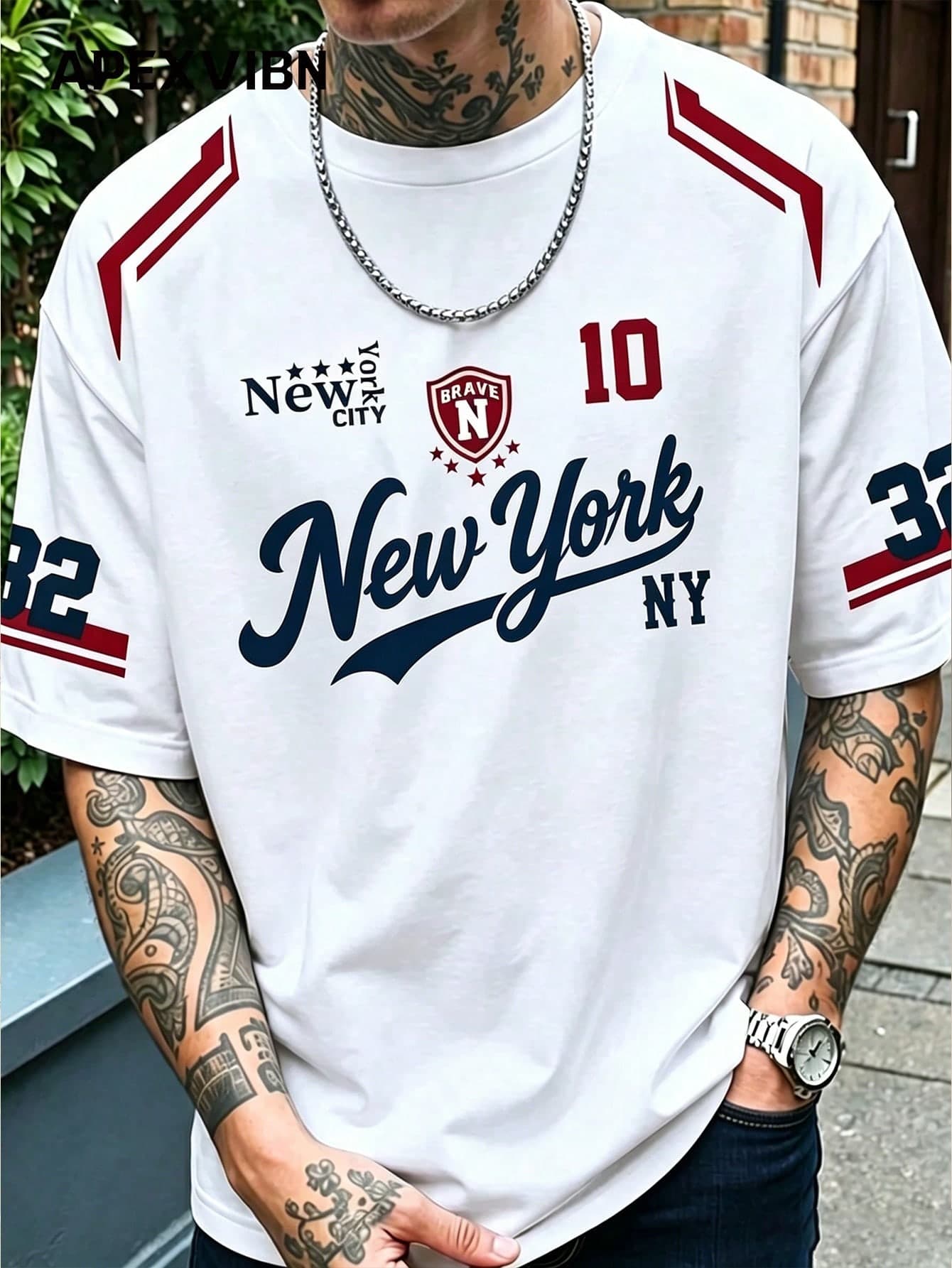American Vintage New York City Letter & Number Print White Short Sleeve T-Shirt For Men, Red & White Contrast Shoulder Sleeve Line Shield Badge Baseball Jersey Style Loose Drop Shoulder Washed Cotton Top, Retro Sporty Casual Daily Wear Short Sleeve