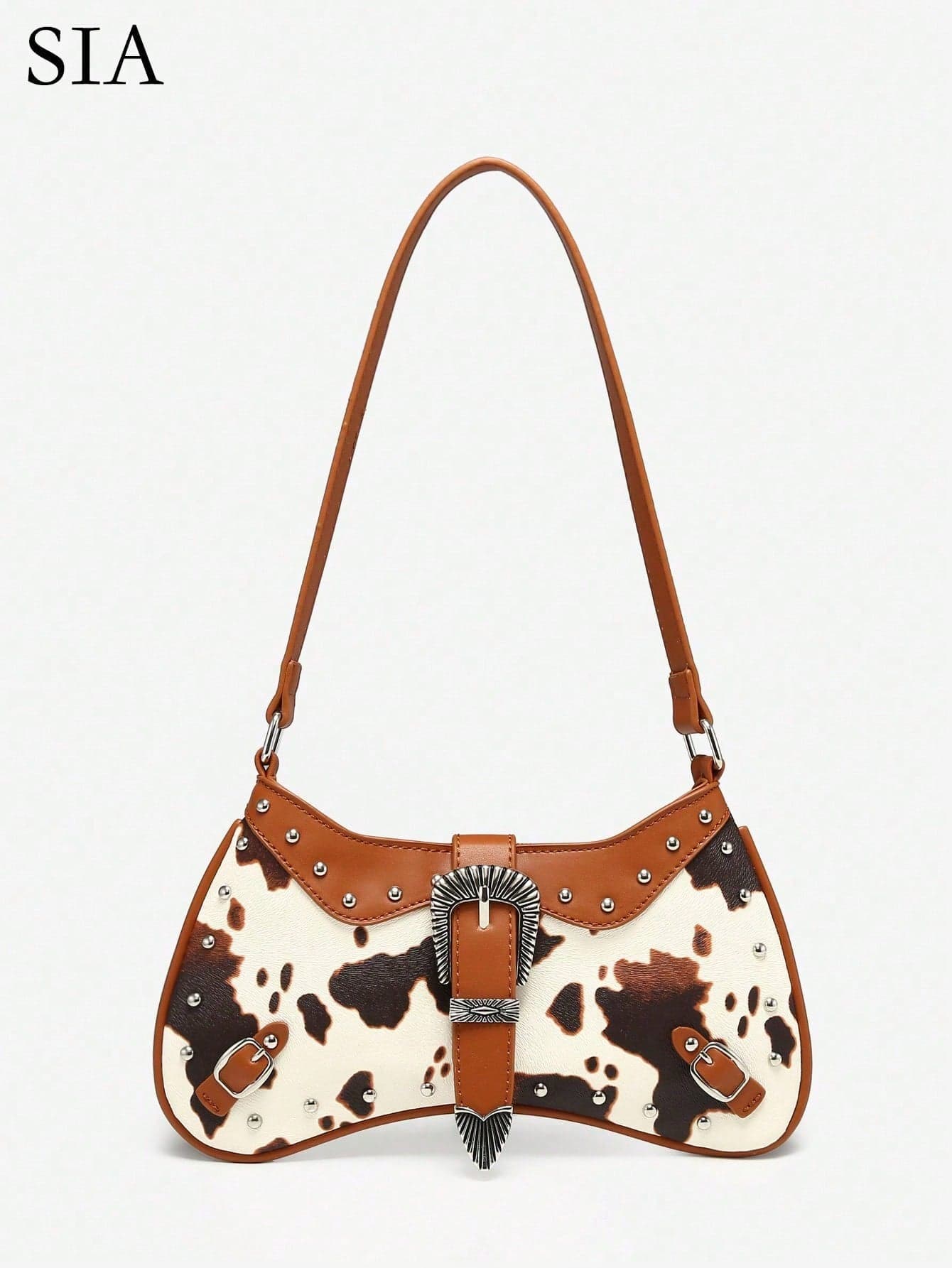 SIA Women's Vintage Boho Western Style Multi-Rivet Decor Angora Red Leopard Print Cow Print Shoulder Underarm Bag Suitable For Dating, Outing, Party, Music Festival