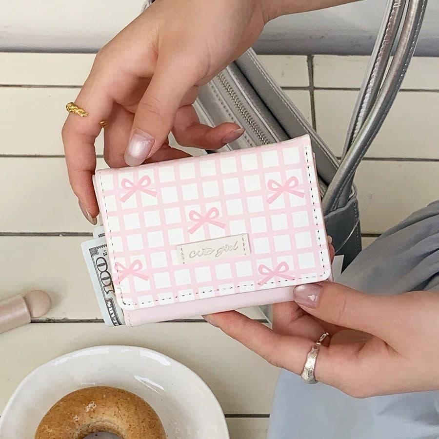 Milk-Like! So Sweet~ Minimalist Ins Fresh Sweet Short Multi-Function Bowknot Striped Pink Wallet Coin Card Holder