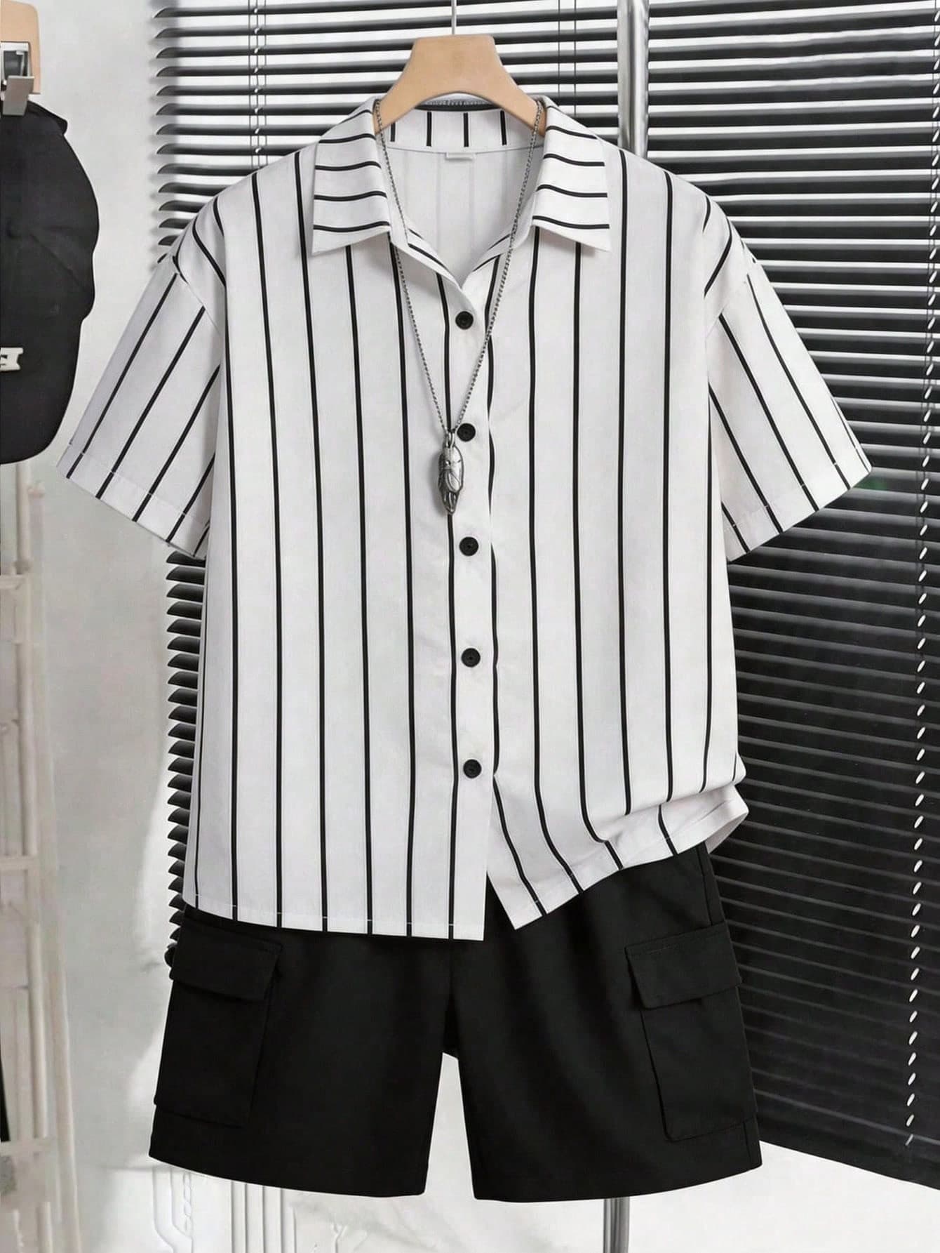 2pcs/Set Teen Boys Fashion Casual Striped Shirt & Minimalist Cargo Shorts Set, Suitable For Summer