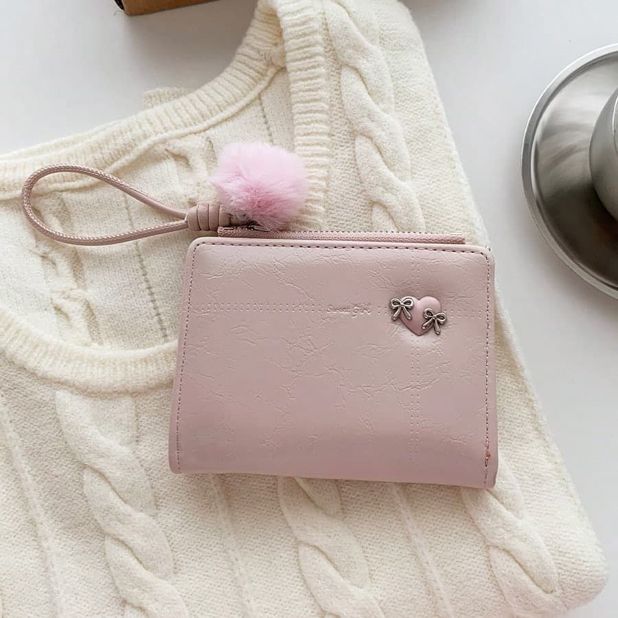 Heart Bow Pom Pom~INS Korean Style Minimalist Fashion Zipper Women's Wallet Large Capacity Card Holder