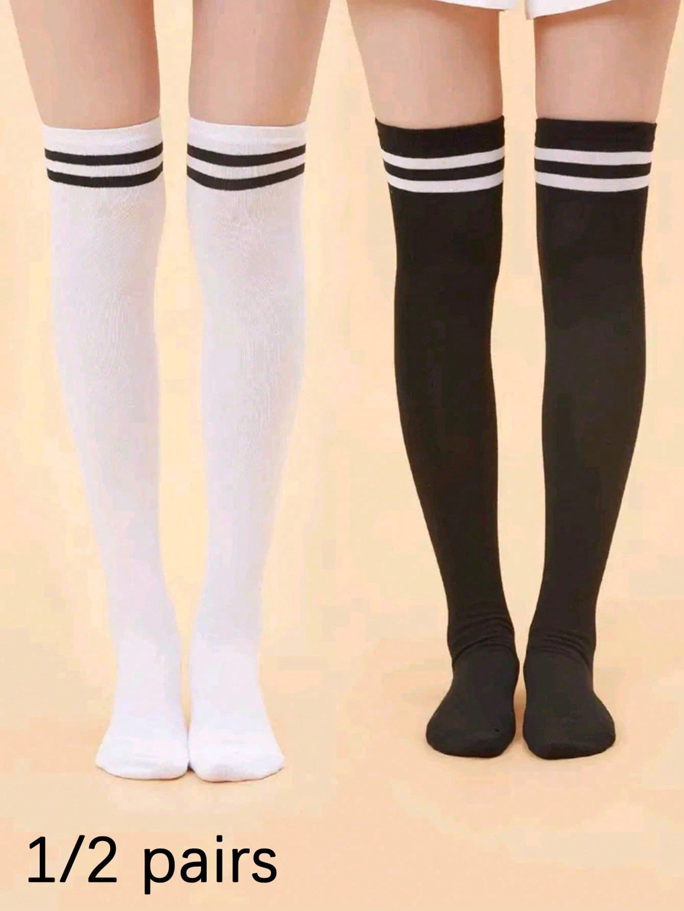 1/2 Pairs Women's Solid Color Black & White Striped Comfortable High Elasticity Knee-High Socks, Suitable For Various Parties And Occasions