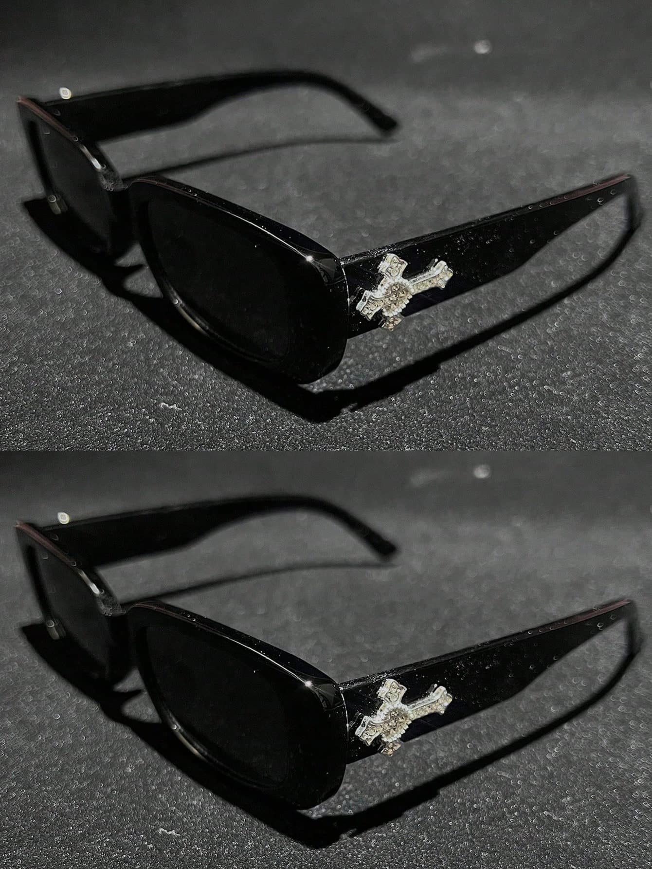 2pcs Rhinestone Cross Heart Metal Decor Black Square Frame Sunglasses, Hip Hop Rock Y2K Leopard Print Dyed Lenses, Luxury Vintage , All Season, Outdoor Travel Sun Protection Decorative Sunglasses