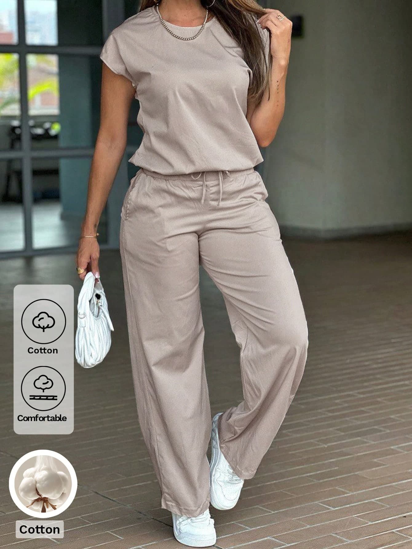 Vaiaye Women's 2-Piece Pure Cotton Solid Color Loungewear Set Top, Autumn Casual Sports Set Summer