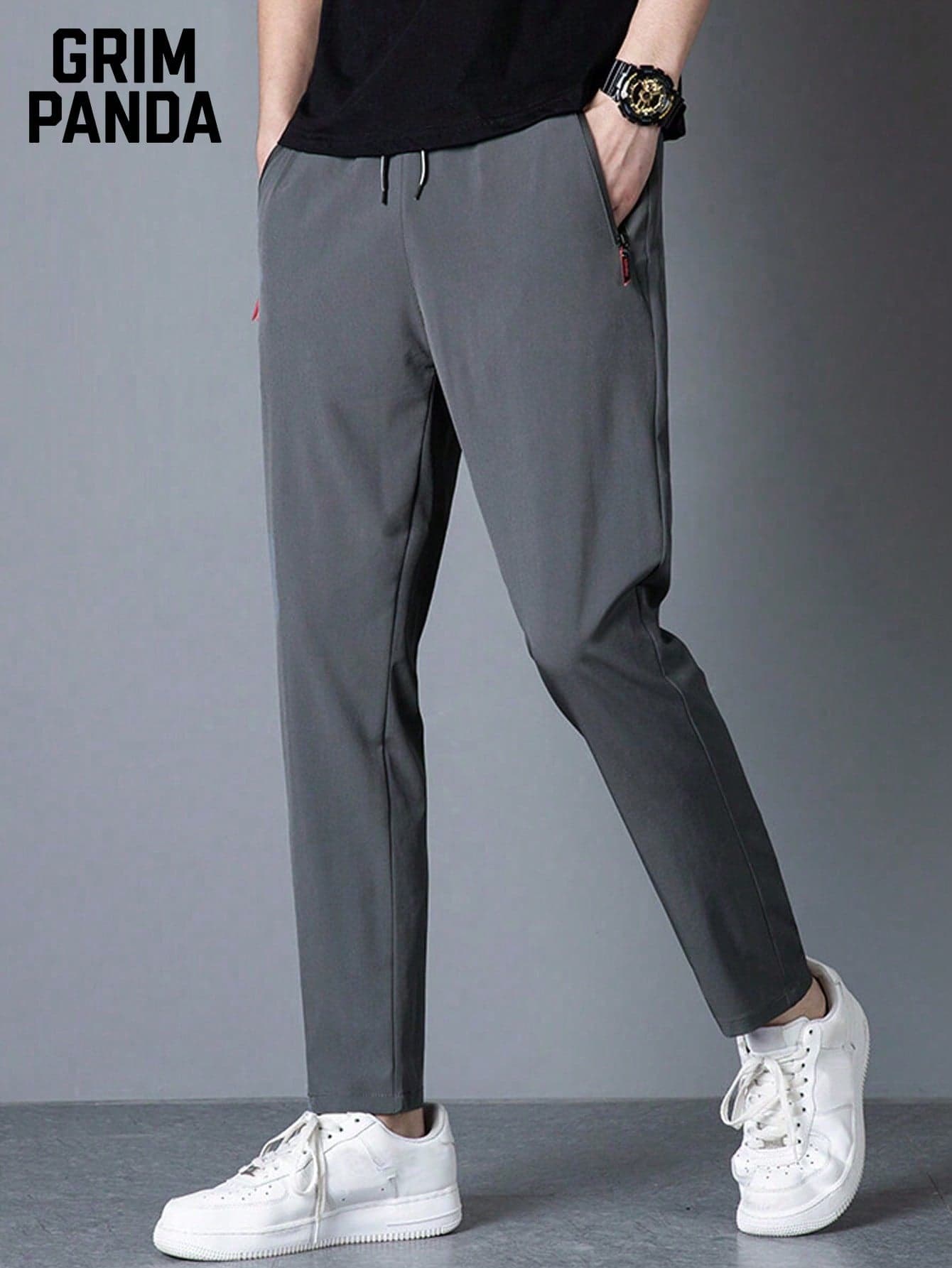 GRIM PANDA Men's Lightweight Hiking Pants, Breathable Quick-Dry Fishing Jogging Pants, Zipper Pockets, Summer Straight Leg Drawstring, Casual Outdoor Fitness Sports Pants