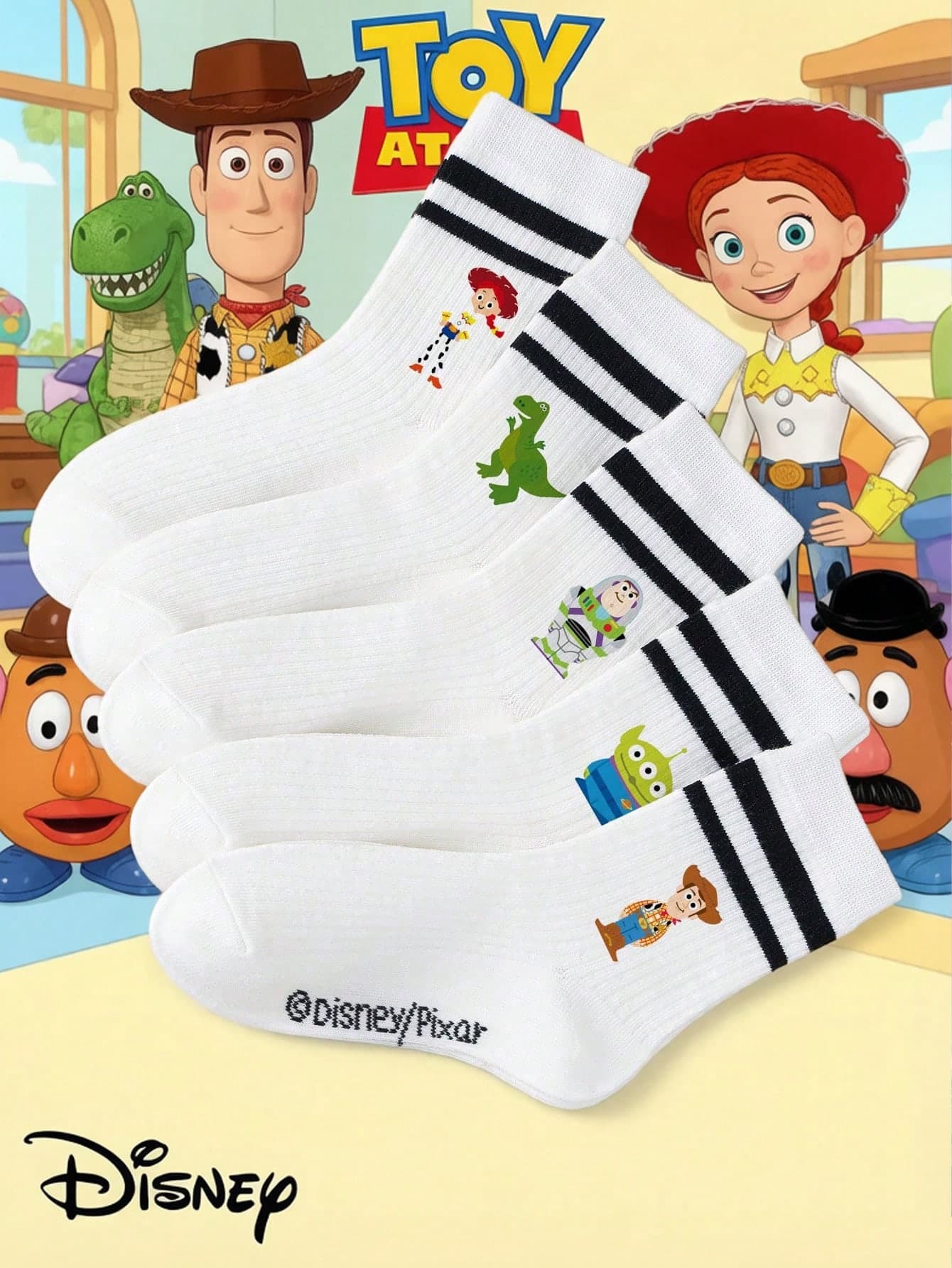 Disney 1/5 Pairs Unisex Kids Socks With Jessie, Rex, Buzz, Alien, Woody Cartoon Prints, Lightweight Breathable Vertical Striped Fabric, Sweat-Absorbent Elastic Non-Slip Design, Cute Casual Style, Double Black Striped Mid-Calf Socks, Suitable For School, Daily Wear And Holiday Gifts, Pure White Mini Character Prints, Double Black Striped Elastic Cuff With Disney