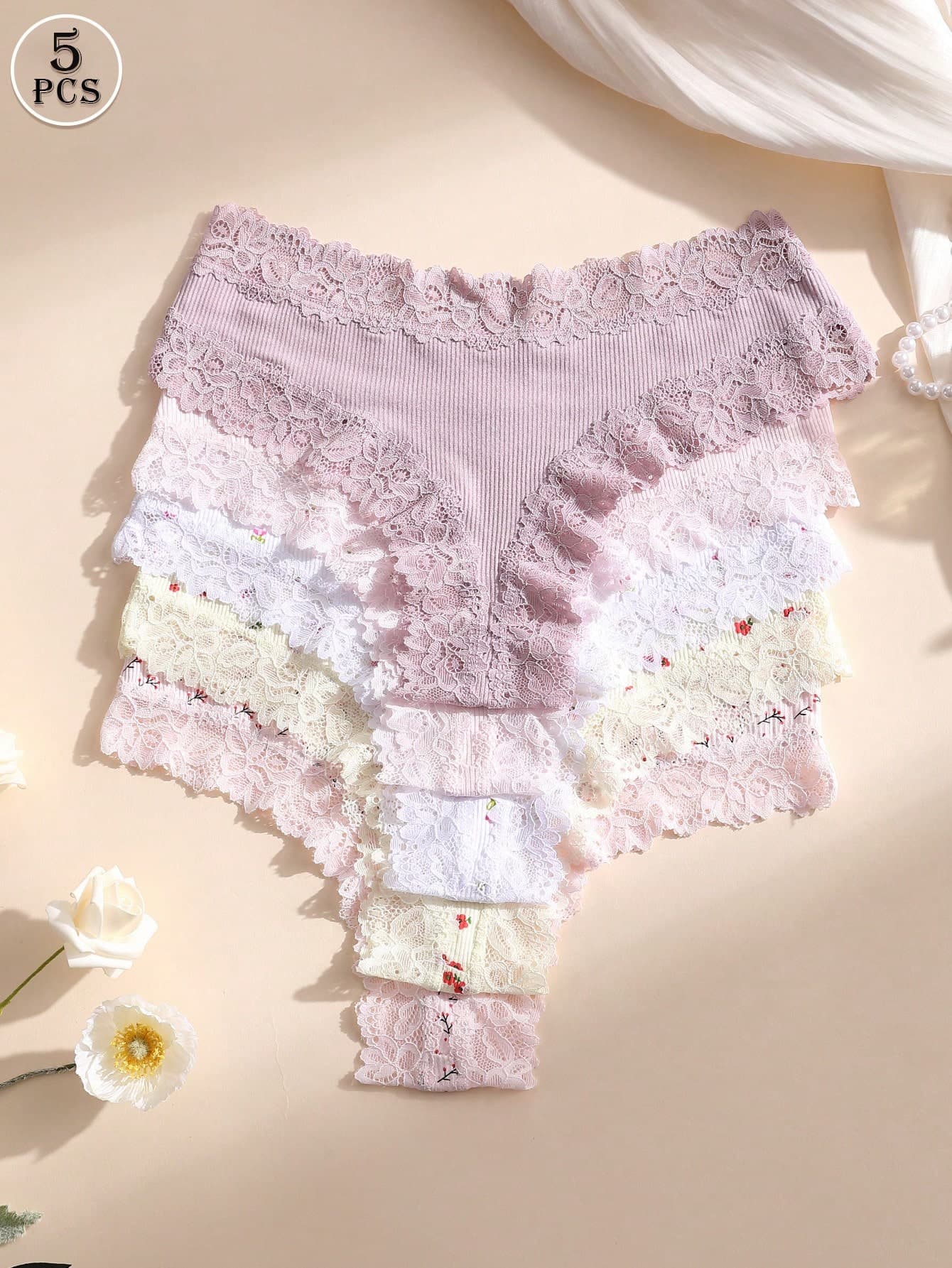 5pcs/Pack Women's Sexy Lace Patchwork Seamless Low-Rise Thong Panties, Soft, Comfortable, Breathable, Suitable For Yoga, Sports And Daily Wear