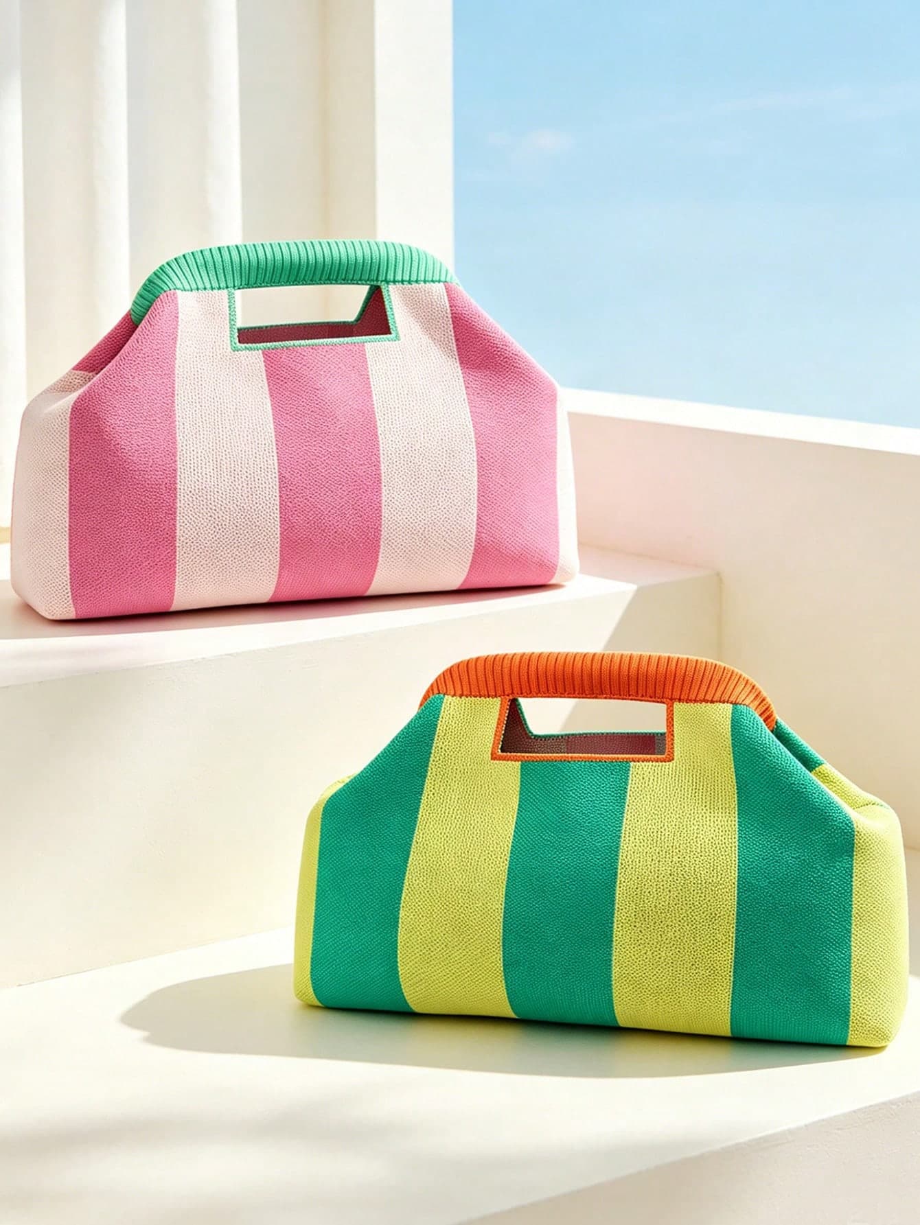 Fashionable New Color-Block Striped Clutch Bag, Handheld Design Knit Tote Bag With Clasp, Suitable For Party, Gathering, Evening Dinner, Vacation, Travel, Beach, Daily Commute, Shopping, Gift For Friends