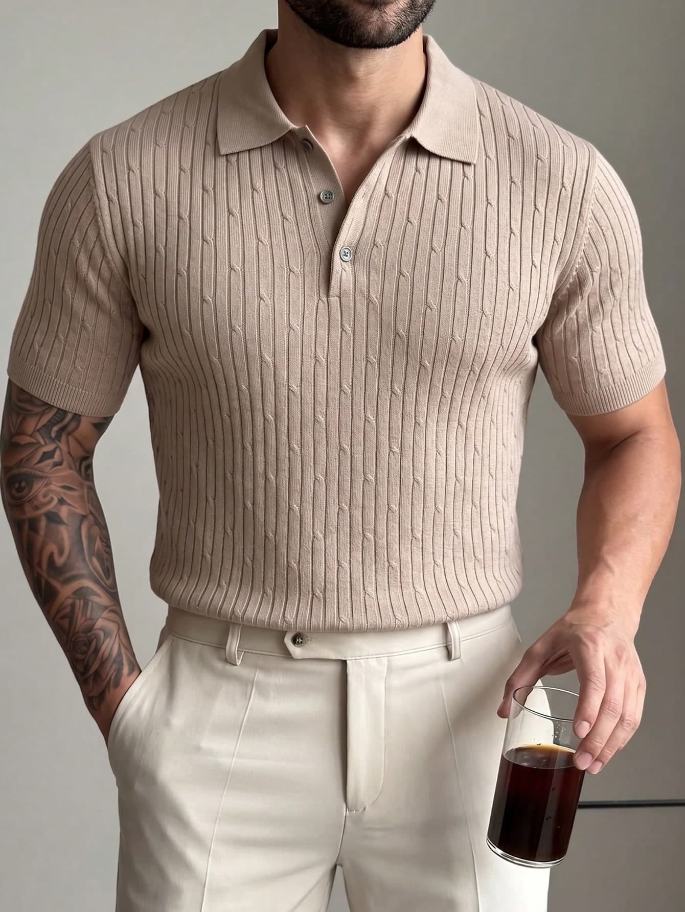 Men's Twisted Floral Polo Collar Short Sleeve Knit Sweater, Slim Fit Turndown Collar Button Pullover T-Shirt