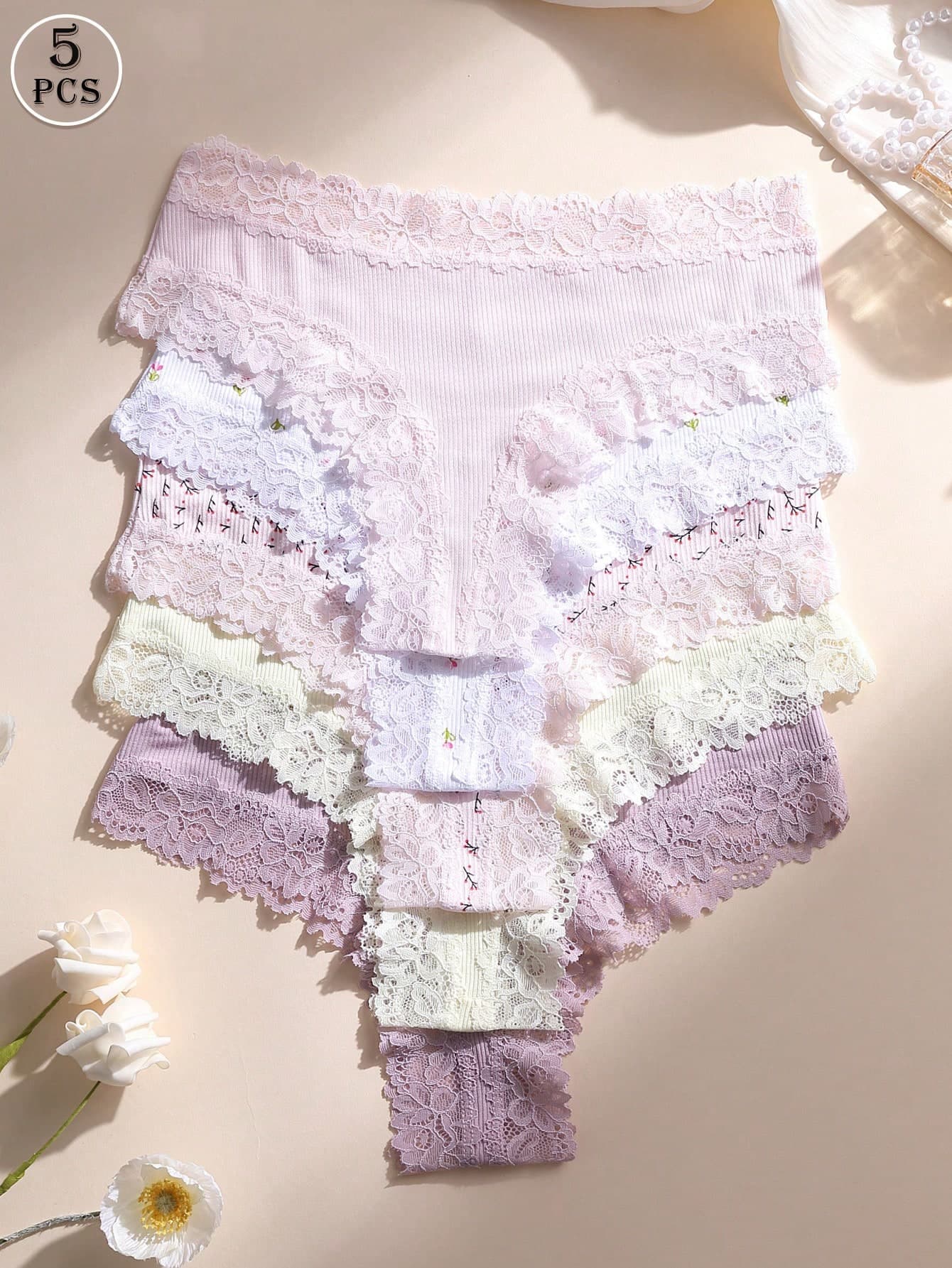 5pcs/Pack Women's Sexy Lace Patchwork Seamless Low-Waist Thong Panties, Soft, Comfortable, Breathable, Suitable For Yoga, Sports And Daily Wear