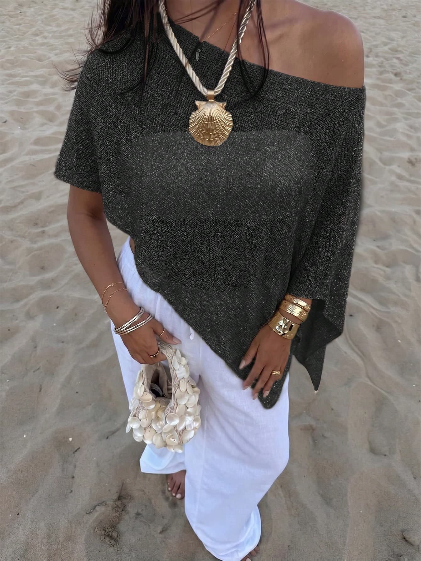 Women's Casual Sexy Shiny Lightweight Textured Solid Color Hollow Knit Short Cape-Style Batwing Sleeve Top, Summer Vacation Beach Cover-Up Black