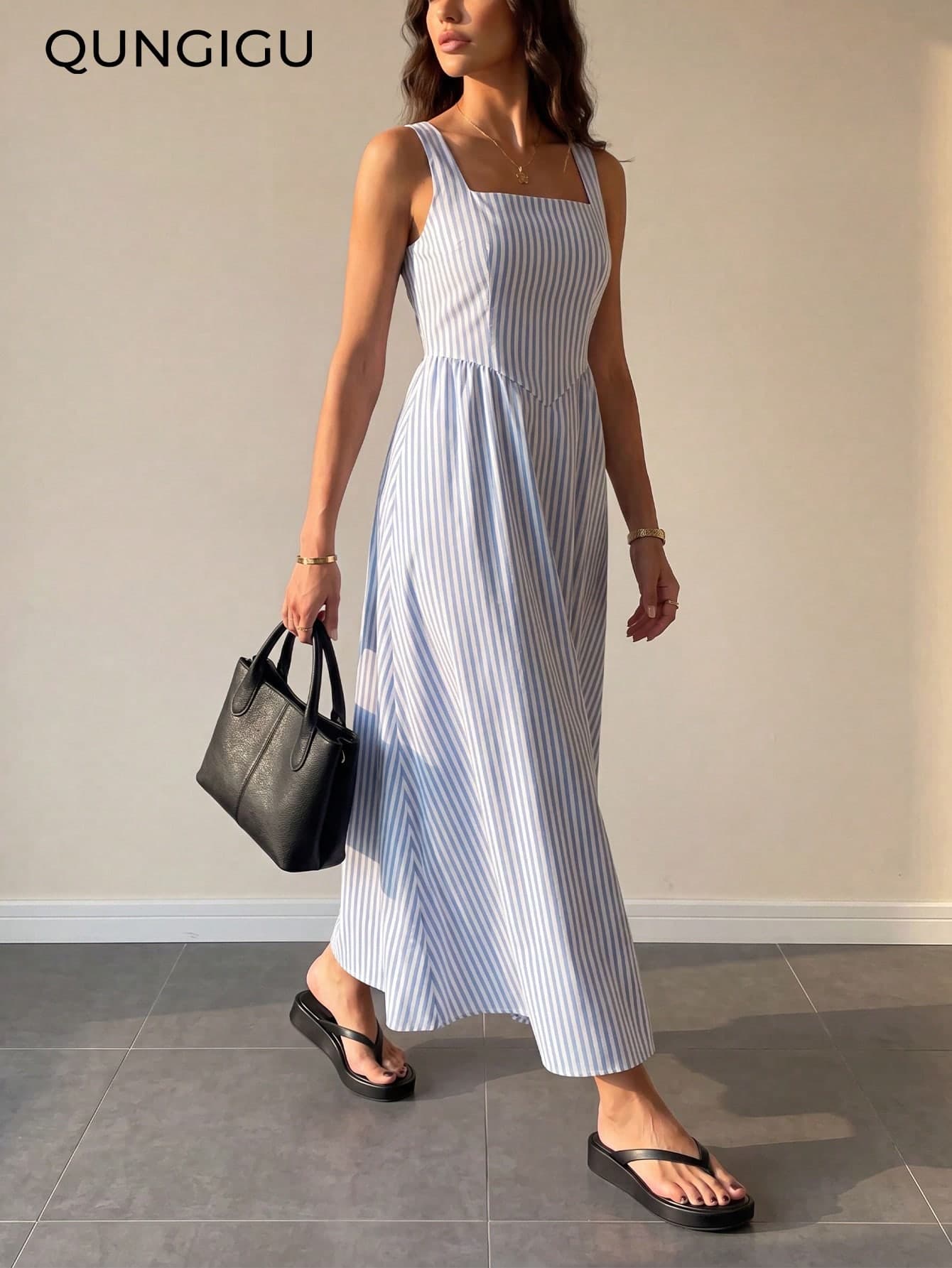 QUNGIGU Women's Casual Striped Dress With Thick Straps And Flared Hem, Elegant For Party, Holiday, Daily Commute, And Beach Wear