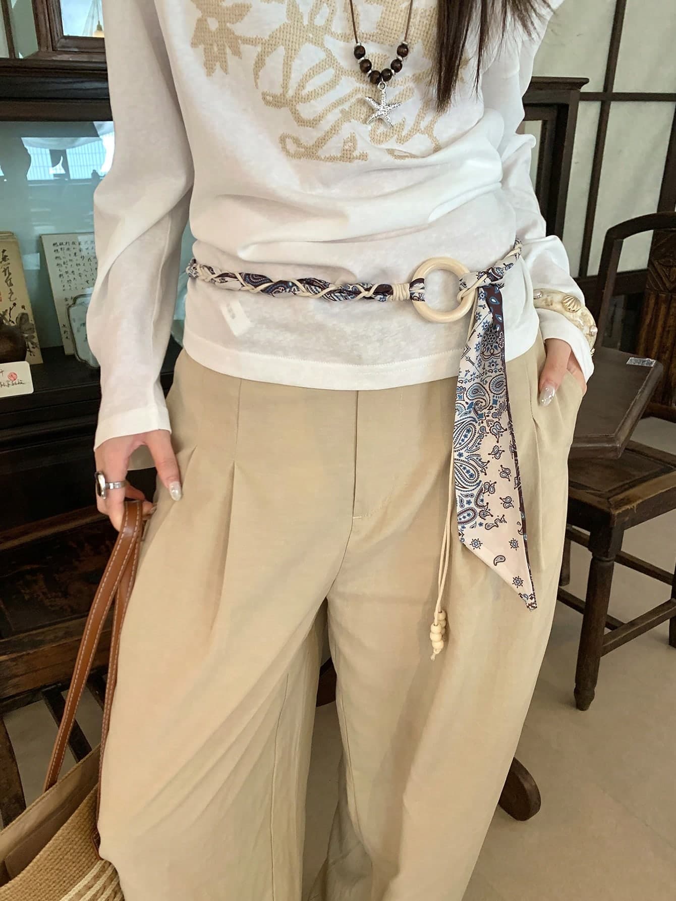1pc Women's Beige Polyester Vintage Scarf Print Waist Rope