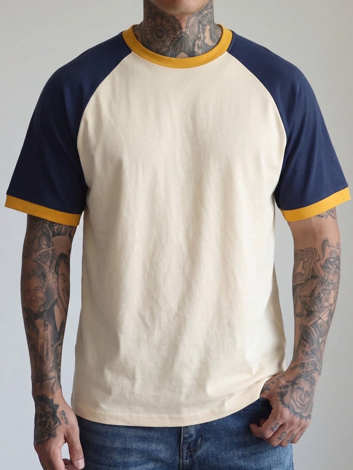 Vintage Colorblock Raglan Short Sleeve T-Shirt Men's Loose Fit Yellow Trim Crew Neck Basic Casual Half Sleeve Top