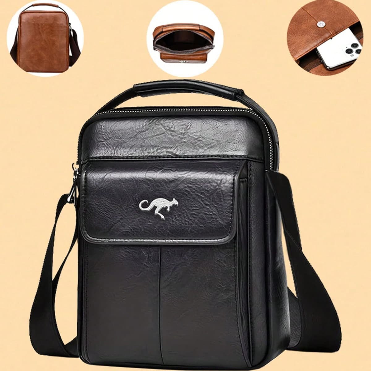 Kangaroo Logo Oil Wax Faux Leather Bag Multi Pocket Top Handle Adjustable Strap Vertical Shoulder Bag For Men