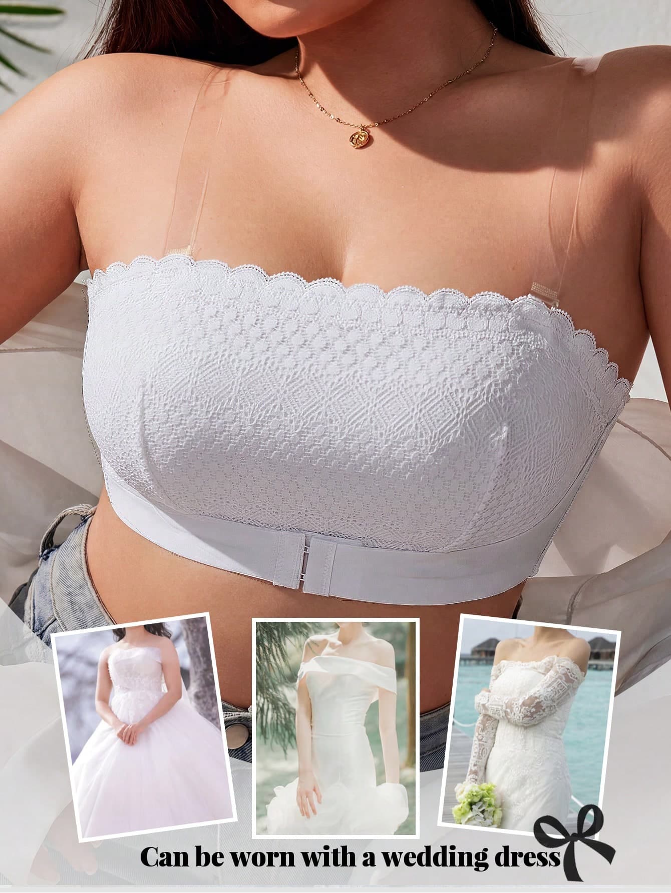 Plus Size Women's White Lace Strapless Bandeau Wireless Bra - Convertible Straps, Breathable & Comfortable Lift