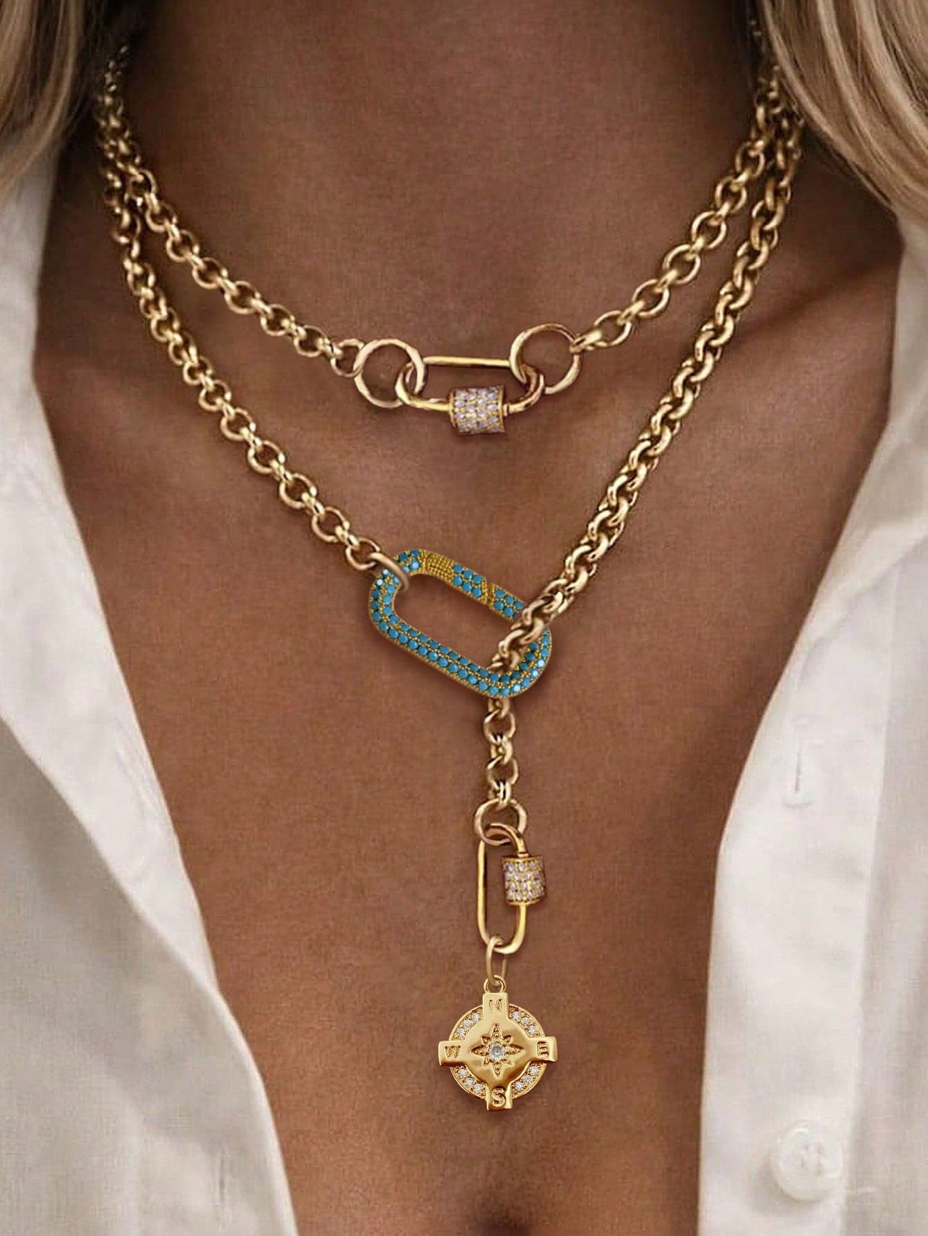 1PC Gold Colorful Oval-Shaped Pendant Necklace With Screw Buckle And Unique Round Pendant Chain,For Lady's Girls Exquisite Holiday Party Daily Decor