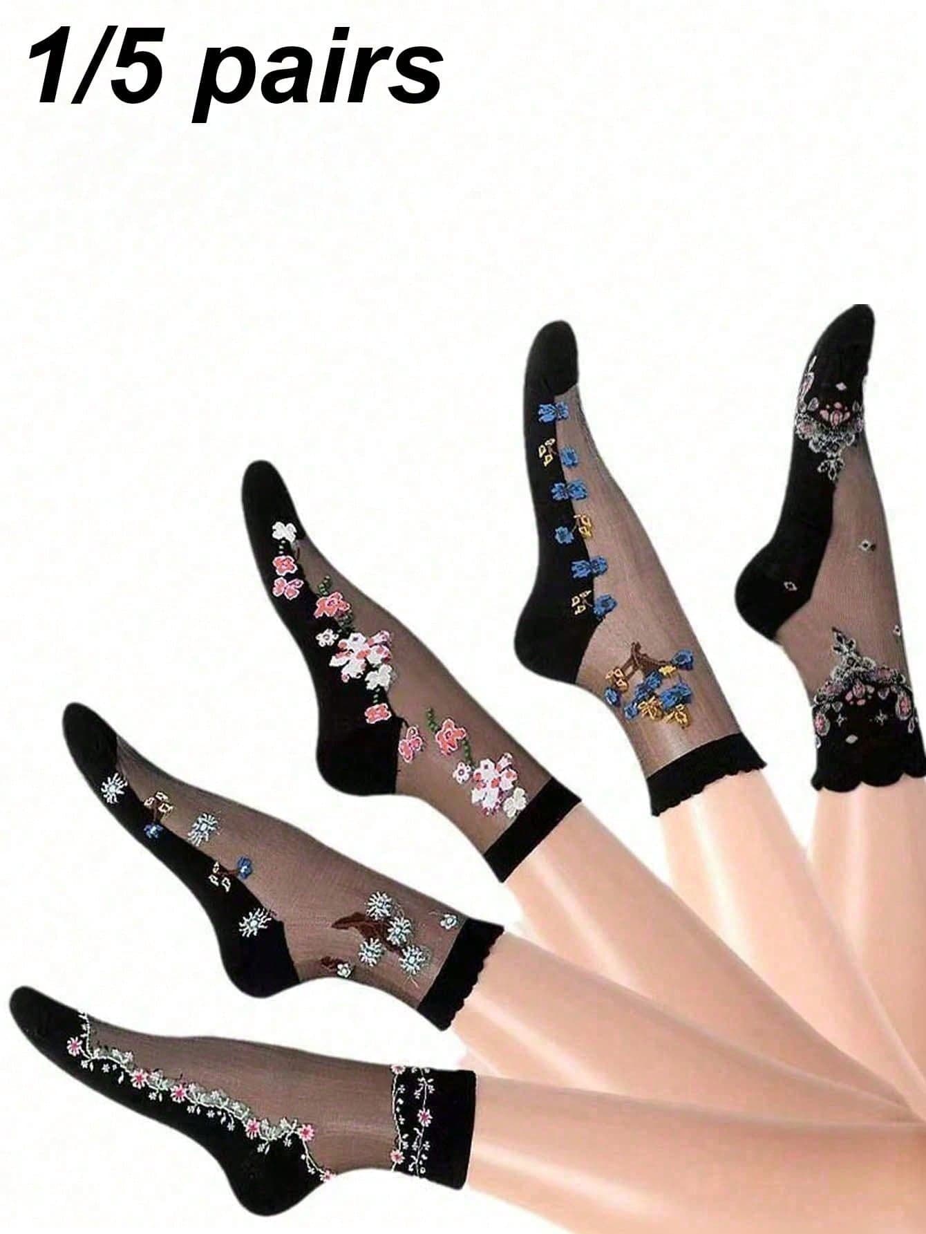 1/5 Pair: Women's Black Thin Printed Silk Mid-Calf Socks, Soft & Breathable, Durable & Non-Slip, Suitable For Daily Wear, Great Christmas Gift