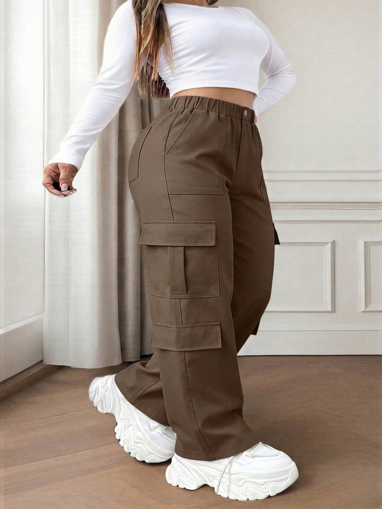 Brown Button Pocket Elegant Casual Commute Minimalist Cute Y2K Loose Wide Leg Straight Non-Stretch Lightweight Soft Comfortable Plus Size Cargo Pants For Teacher's Day Thanksgiving Back To School Graduation Outing Vacation Club Office Formal Occasion Gym Beach School Birthday Party Travel Country Music Festival Airport Spring Summer Autumn Winter