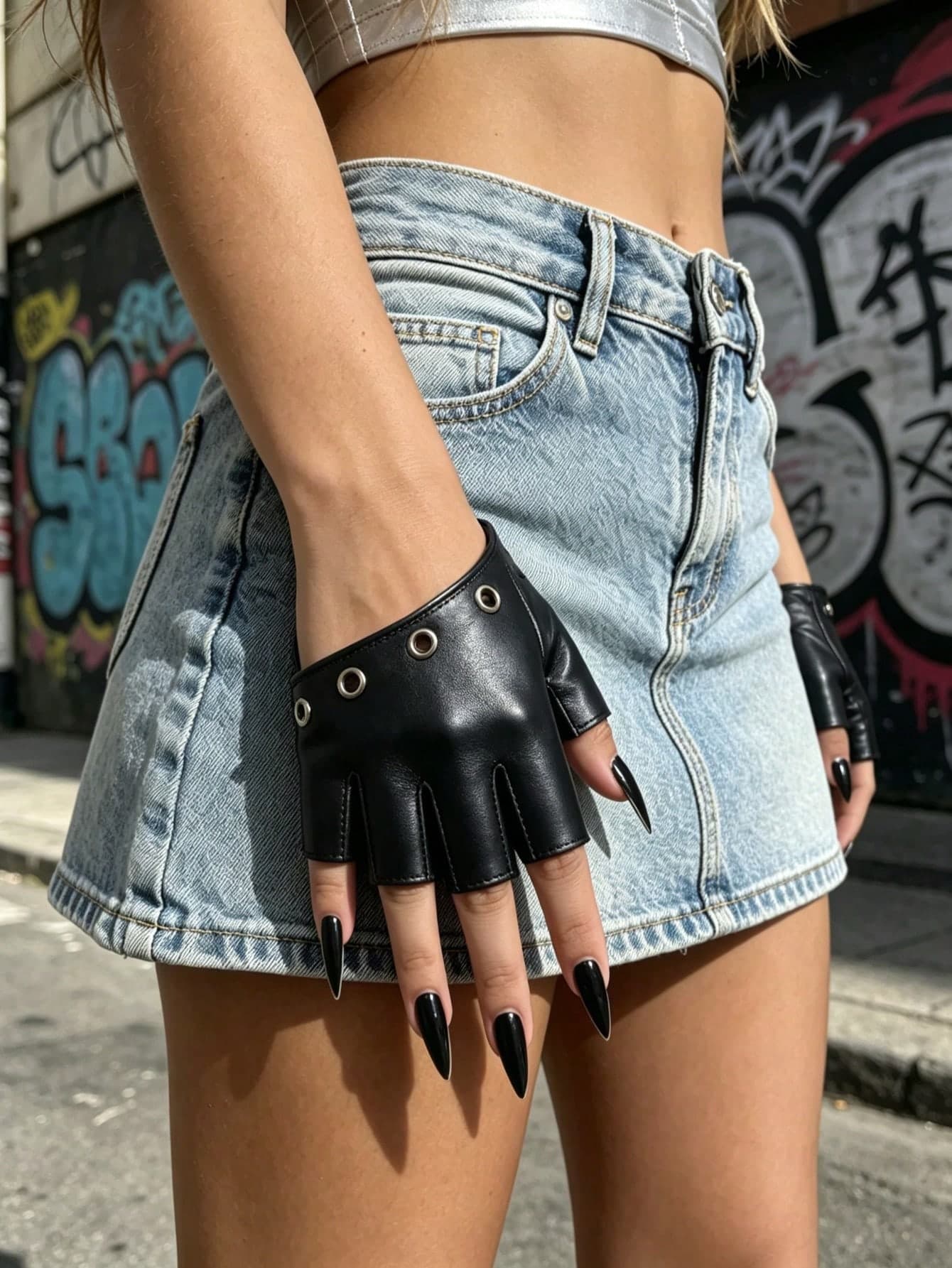 1 Pair Sweet Cool Girl Y2K Street Metal Hollow Eye Rivet Solid Color Slanted PU Leather Gloves, Punk Heavy-Duty Style, Suitable For Daily Life, Outings, Decoration And Styling, Women's Gloves