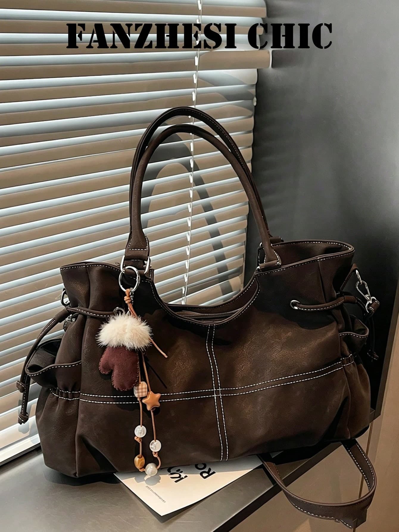 Soft Large Capacity Tote Bag, Decorative Hanging Ornament Dual Top Handles Removable Cross Strap Multi Side Storage Bag For Weekend Trips