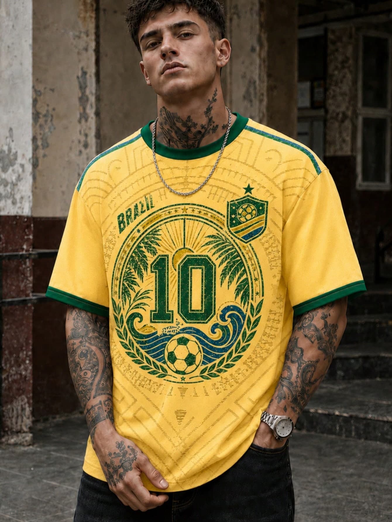 Fractyr Men's Brazil Number 10 Soccer Badge Palm Tree Print Ringer T-Shirt, Yellow Green Crew Neck Vintage Football Short Sleeve Tee