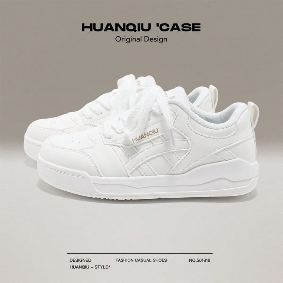 HUANQIU 1 Pair Women's Casual Sports Shoes White Sneakers Versatile New Retro Low-Top Skate Shoes Leather Upper Breathable Height-Increasing Casual Shoes Student Commute Non-Slip Flat Bottom Skateboard Shoes Ins Basic Style All Season Wear